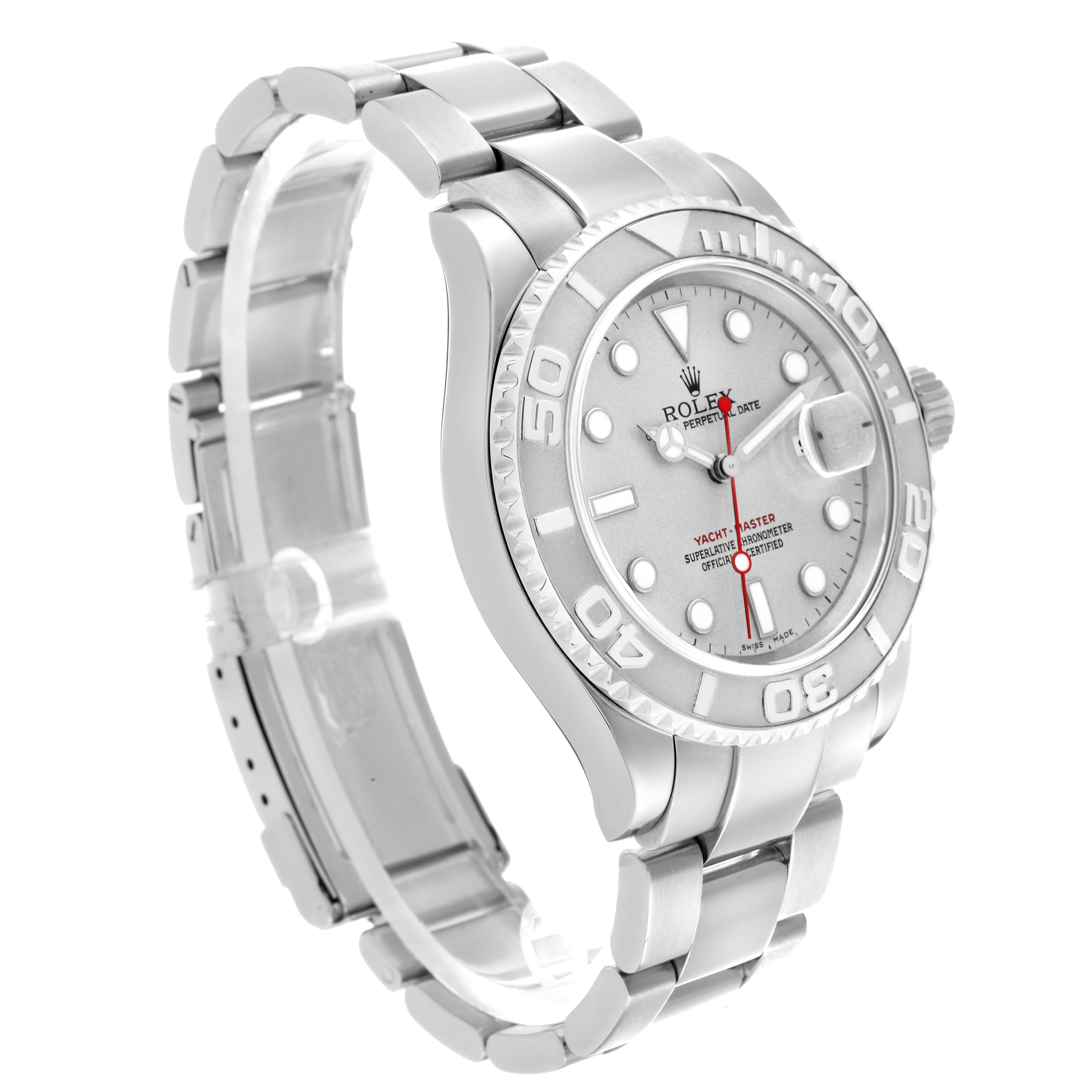 The image shows a Rolex Yacht-Master 16622 Men
s Stainless Steel Silver Dial watch at a three-quarter angle, highlighting its bezel, dial, bracelet, and crown.