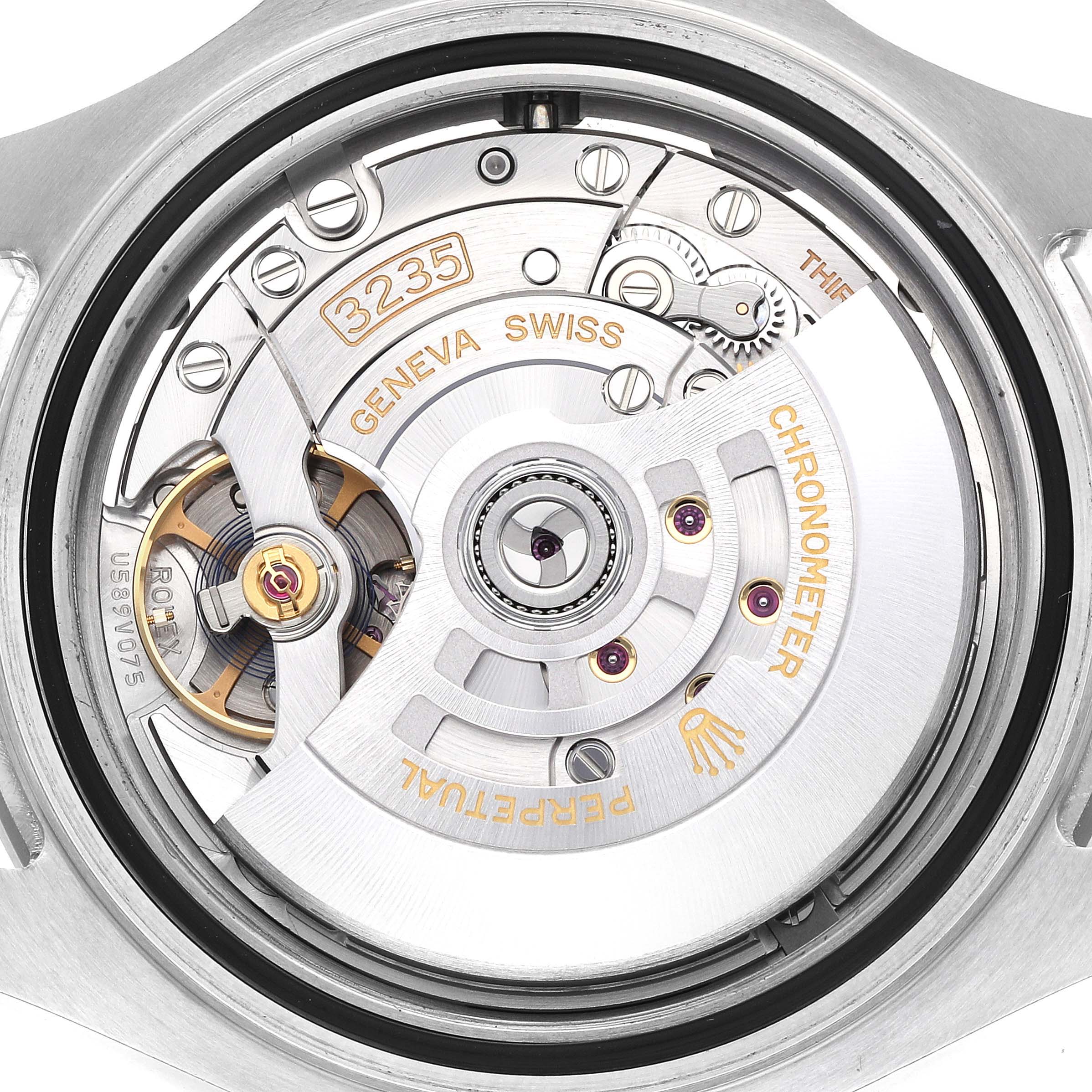 The image shows the movement of a Rolex Yacht-Master 126622 Men
s Stainless Steel Grey Dial watch from the back, highlighting its internal mechanism and rotor.