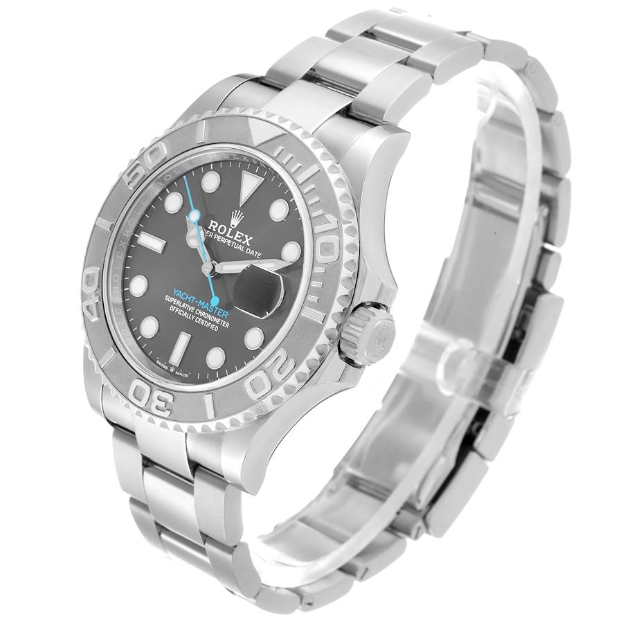 The Rolex Yacht-Master 126622 Men's Stainless Steel Grey Dial watch is shown at a three-quarter angle, displaying the bezel, dial, bracelet, and crown.