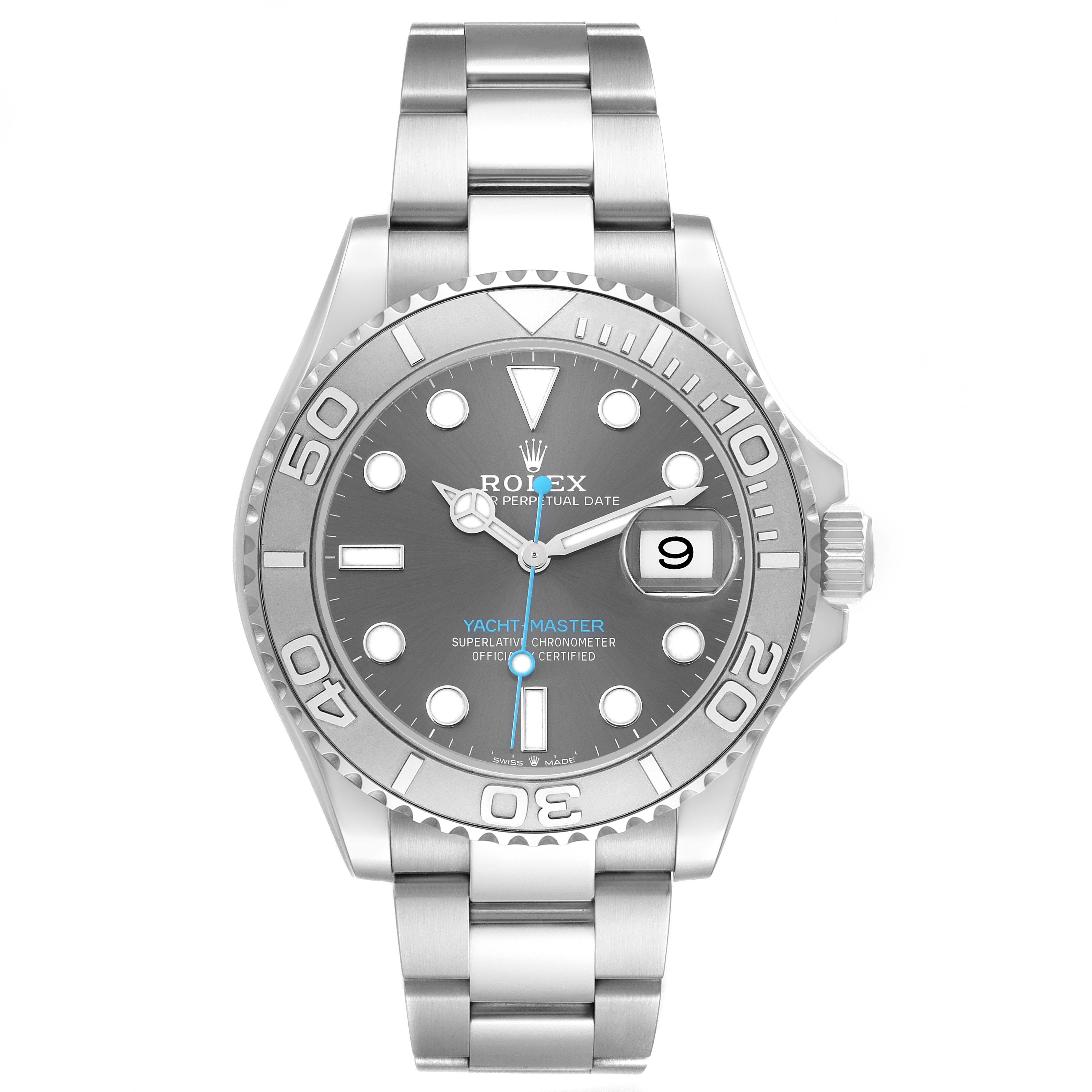 The Rolex Yacht-Master 126622 Men
s Stainless Steel Grey Dial watch is shown from a front view, displaying the entire dial, bezel, and bracelet.