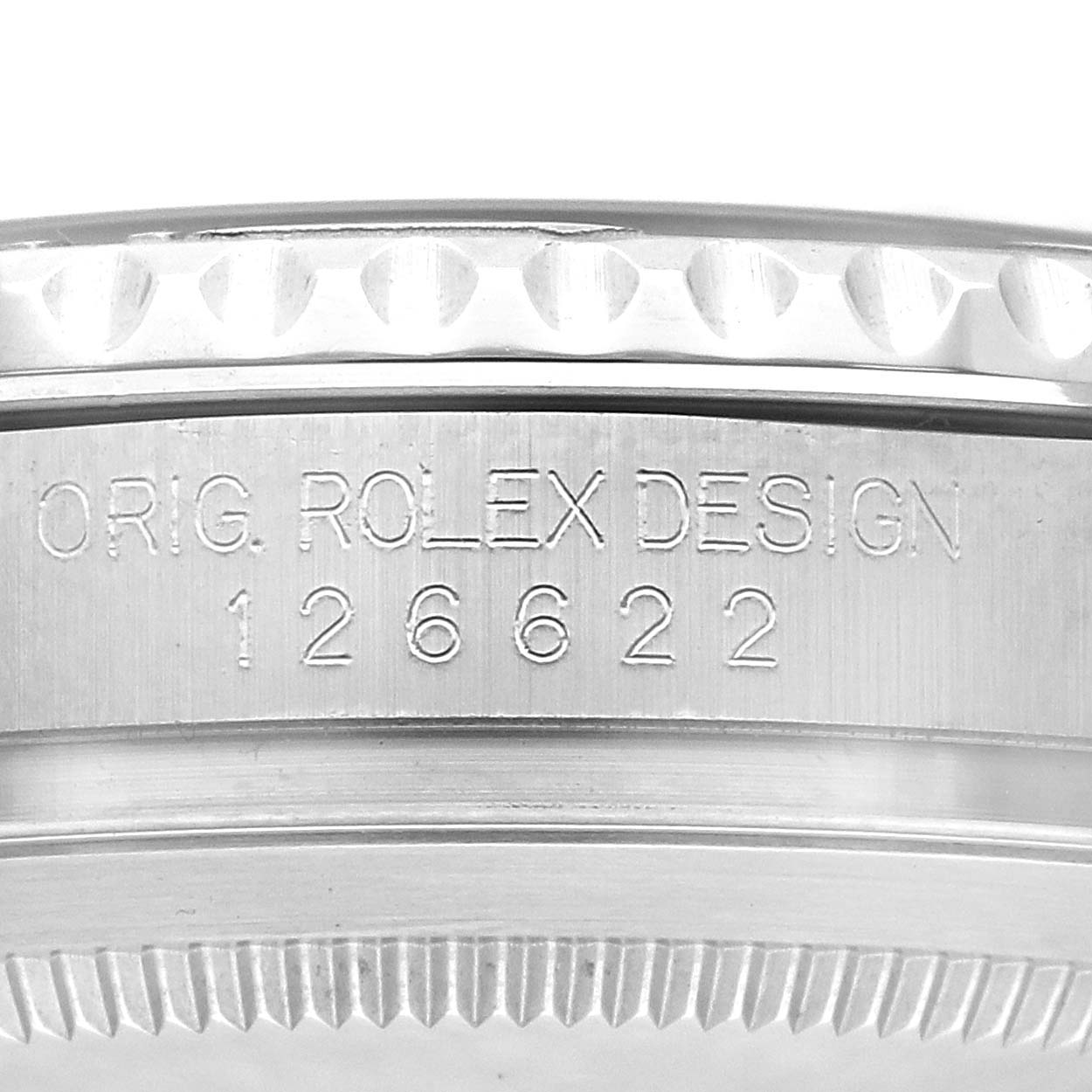 The image shows a close-up of the Rolex Yacht-Master 126622 Men
s Stainless Steel Grey Dial model
s side, highlighting the engraved branding and design number.