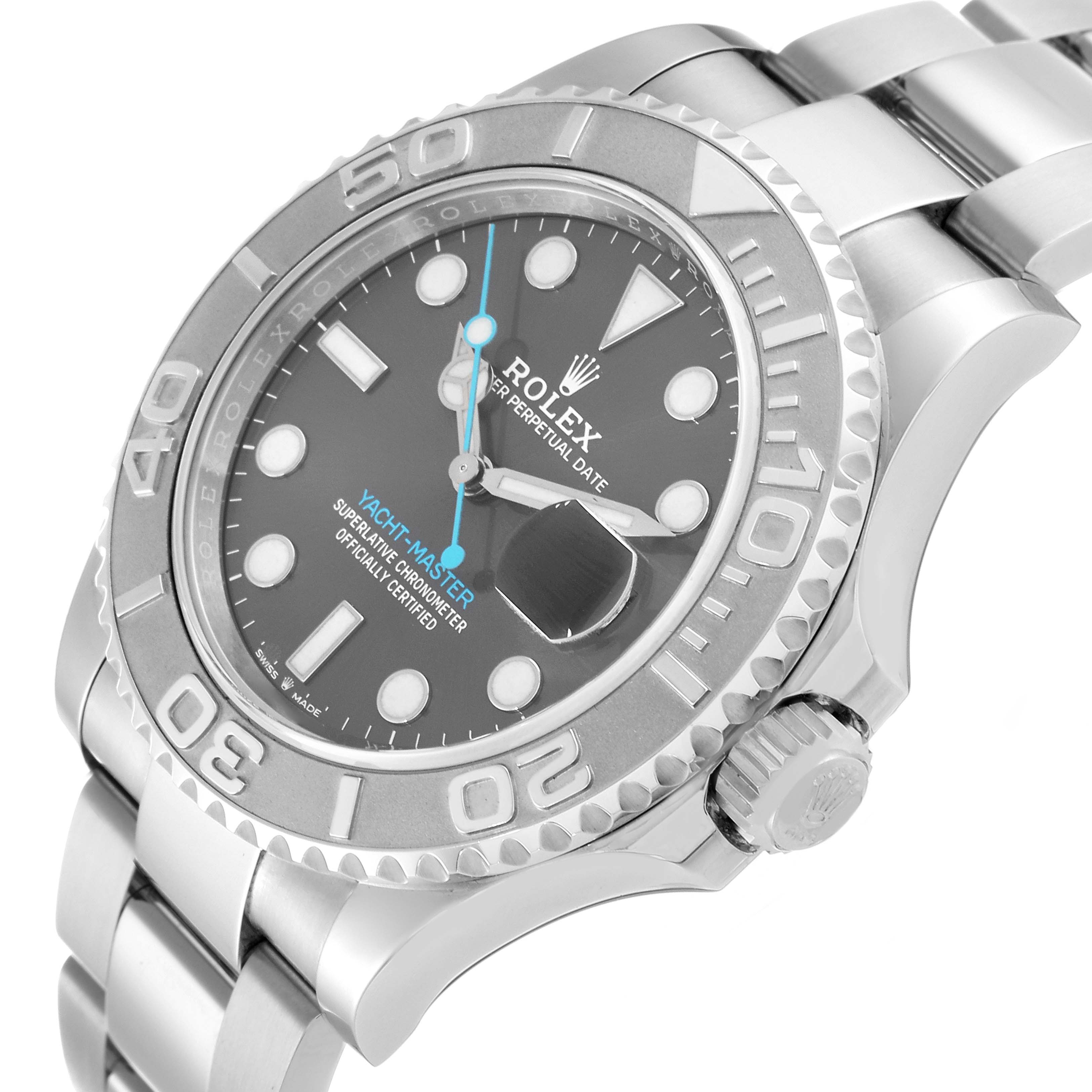 The Rolex Yacht-Master 126622 Men
s Stainless Steel Grey Dial watch is shown from a tilted angle highlighting the bezel, crown, and part of the bracelet.