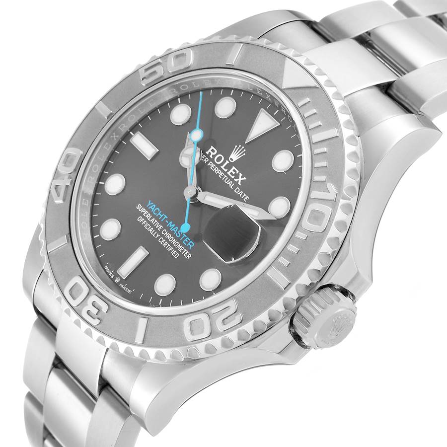 The Rolex Yacht-Master 126622 Men's Stainless Steel Grey Dial watch is shown from a tilted angle highlighting the bezel, crown, and part of the bracelet.