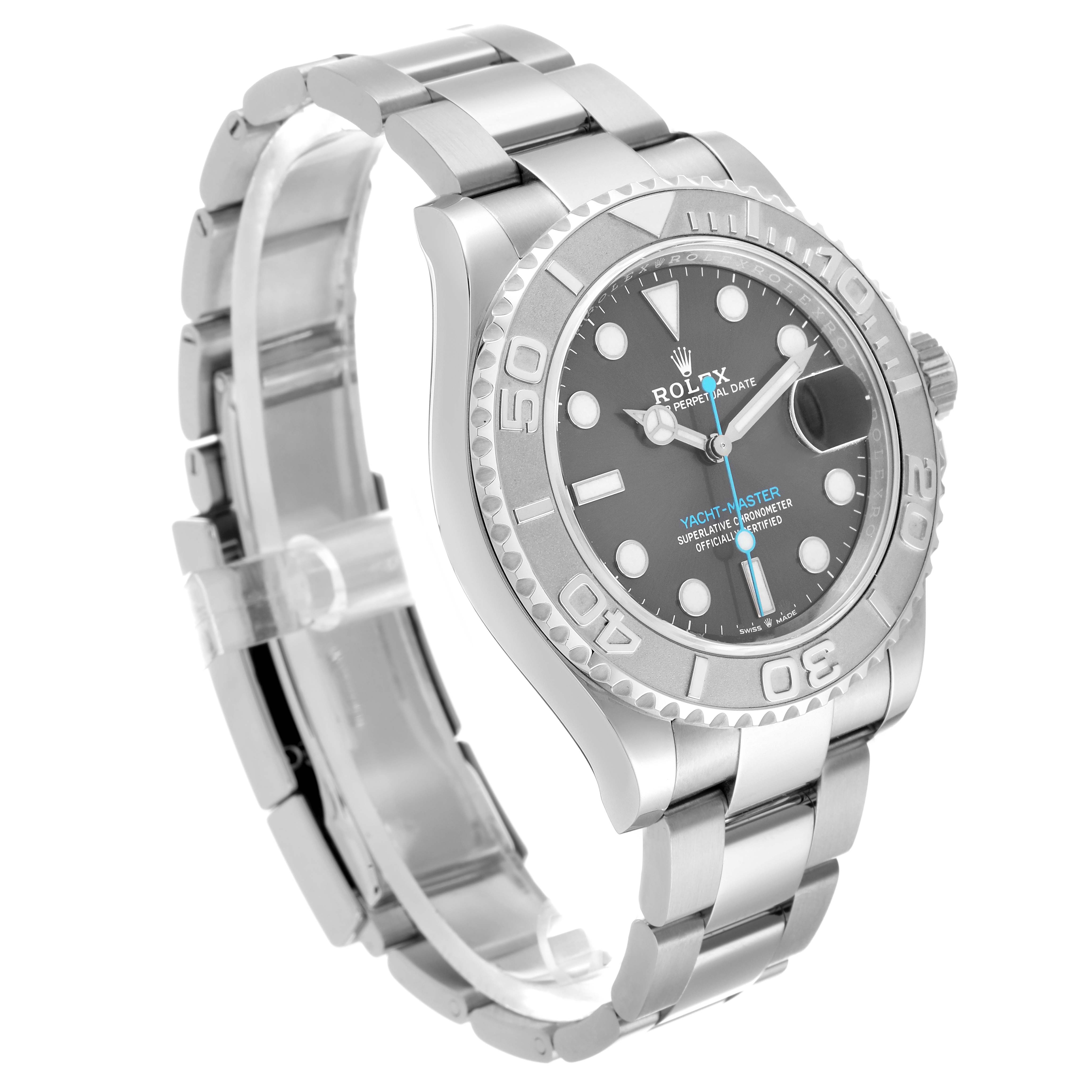 The Rolex Yacht-Master 126622 Men
s Stainless Steel Grey Dial watch is shown at a left-side angle, highlighting the bracelet, bezel, and face.