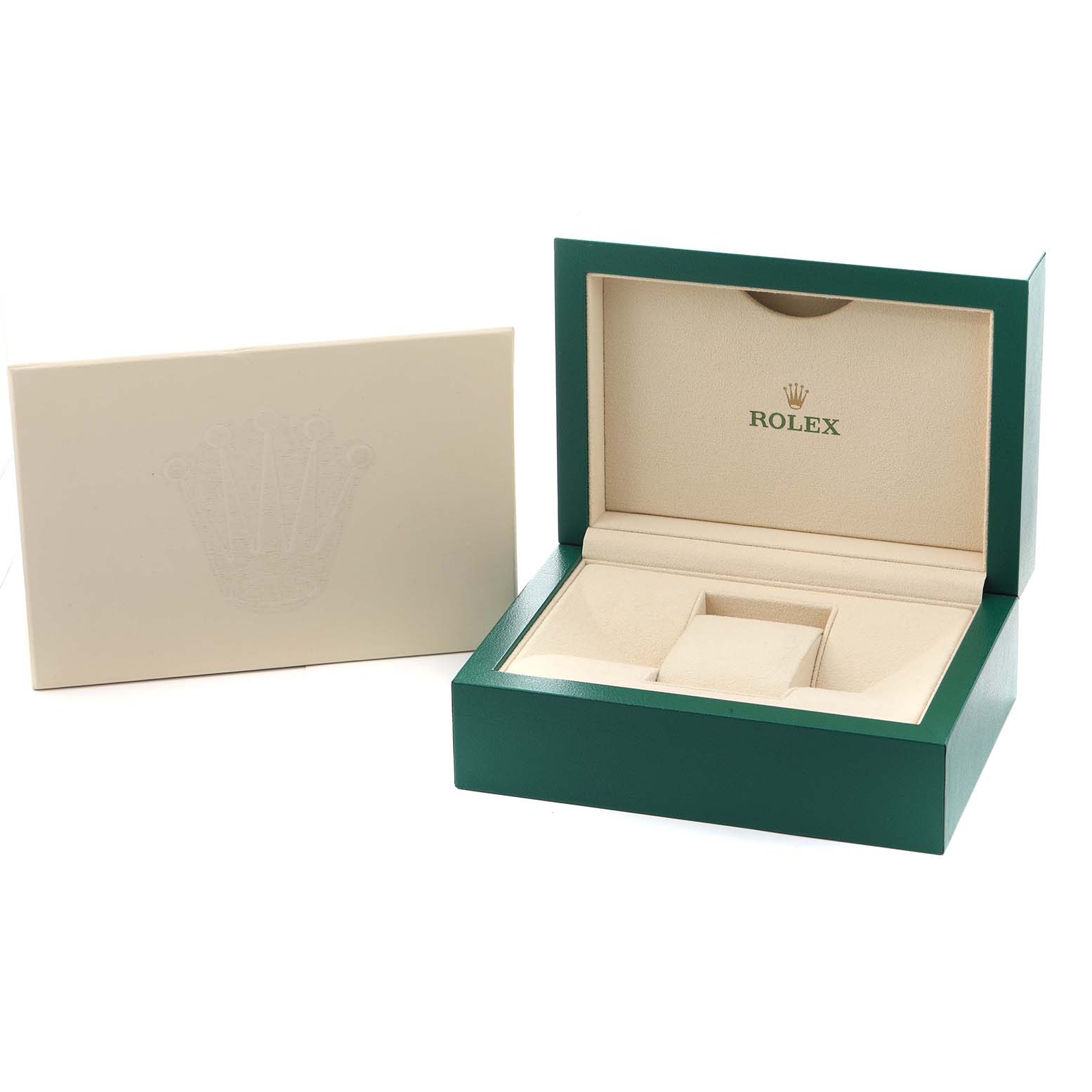 This image shows the open box and outer packaging for a Rolex Yacht-Master 126622 Men
s Stainless Steel Grey Dial watch.