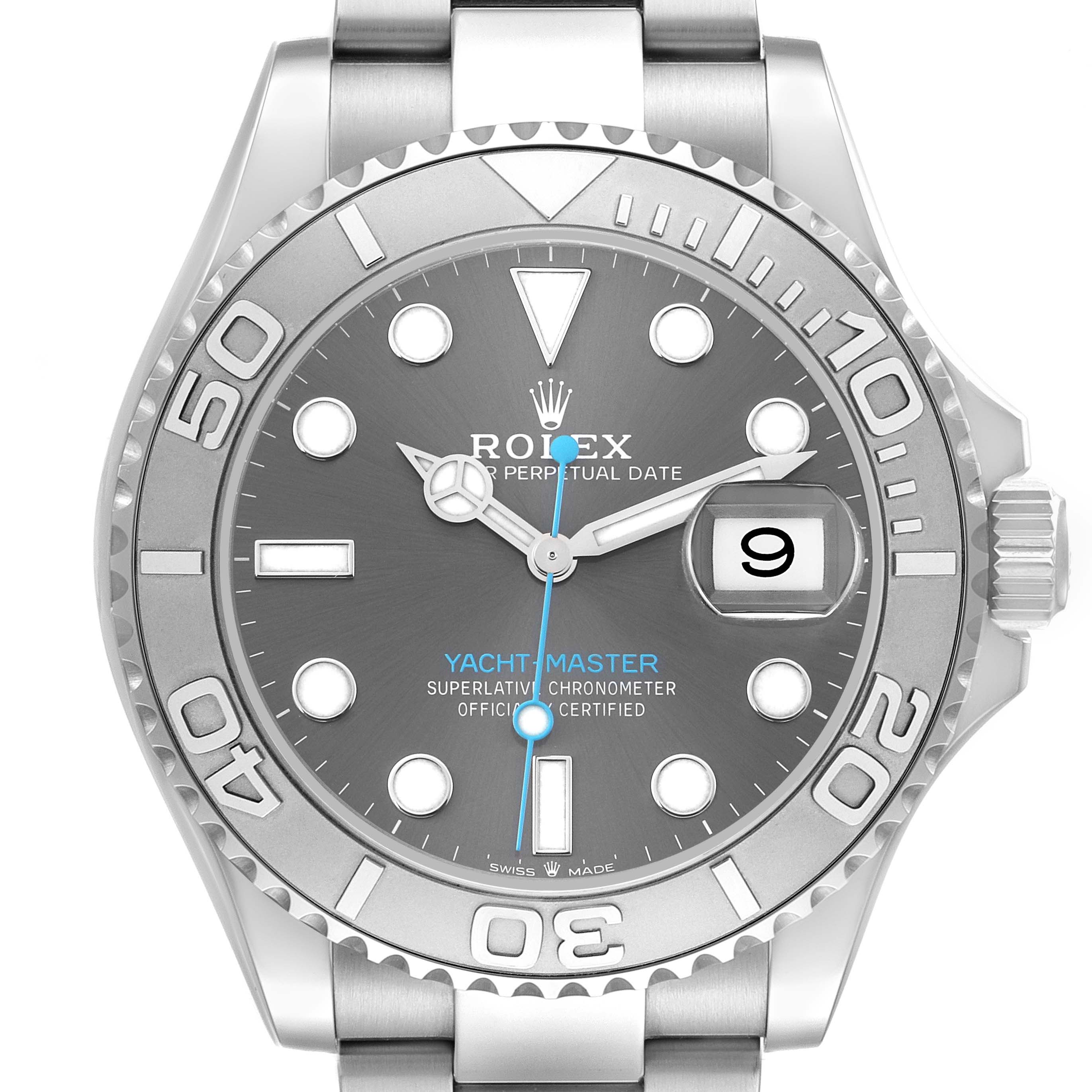 The Rolex Yacht-Master 126622 Men
s Stainless Steel Grey Dial watch is shown from a front angle, highlighting the dial, bezel, hands, and part of the bracelet.