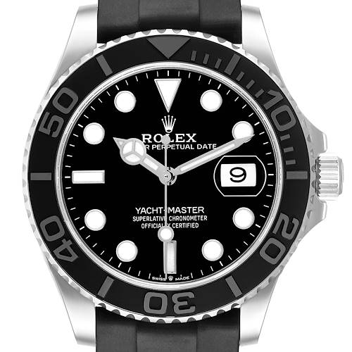 The image shows a front view of the Rolex Yacht-Master 226659 Men's White Gold Black Dial watch, highlighting the bezel, dial, hands, date, and crown.