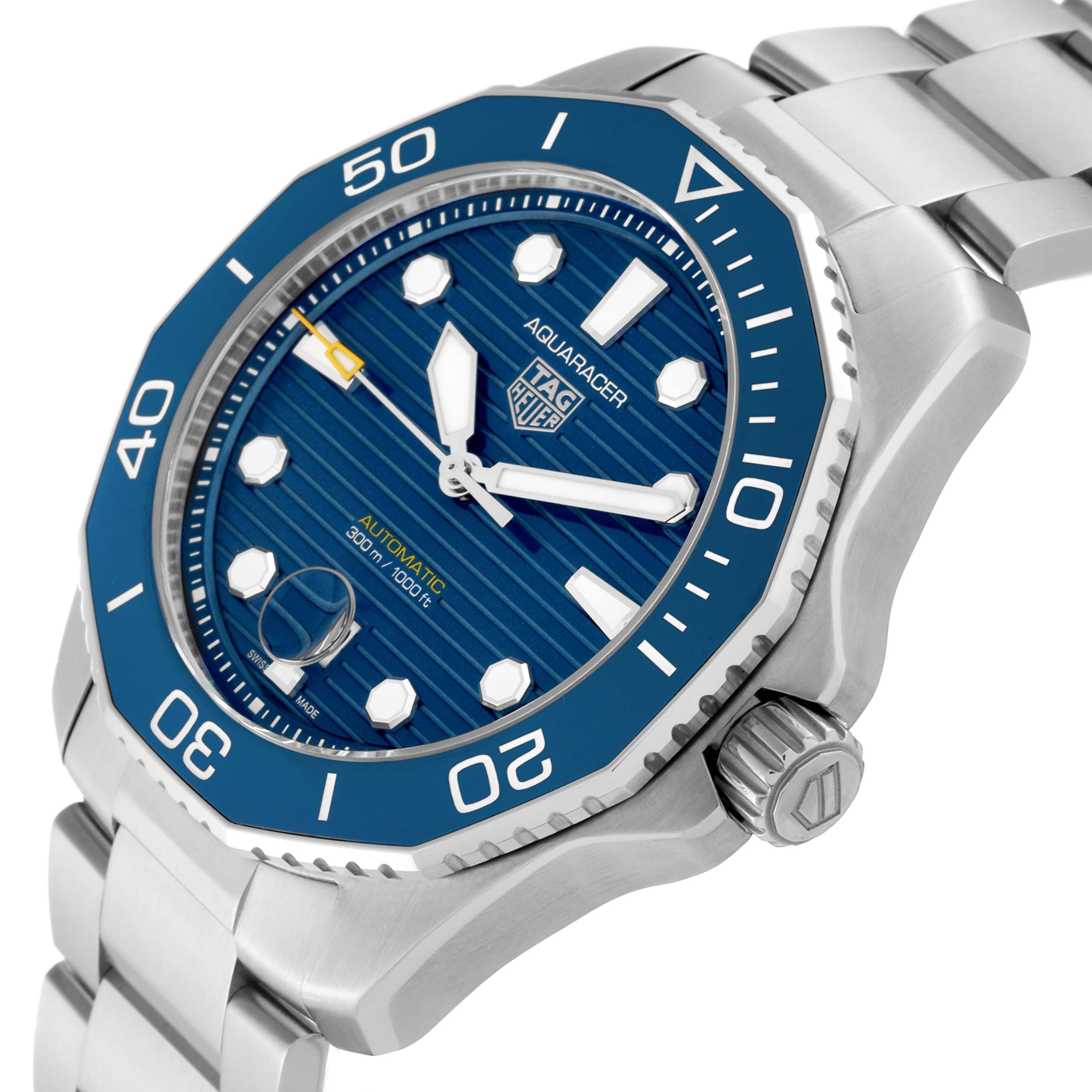This image shows a side angle of the Tag Heuer Aquaracer WBP201B.BA0632 Men's Stainless Steel Blue Dial WBP201B.BA0632 Men's Stainless Steel Blue Dial watch, highlighting its blue dial, bezel, and stainless steel bracelet.