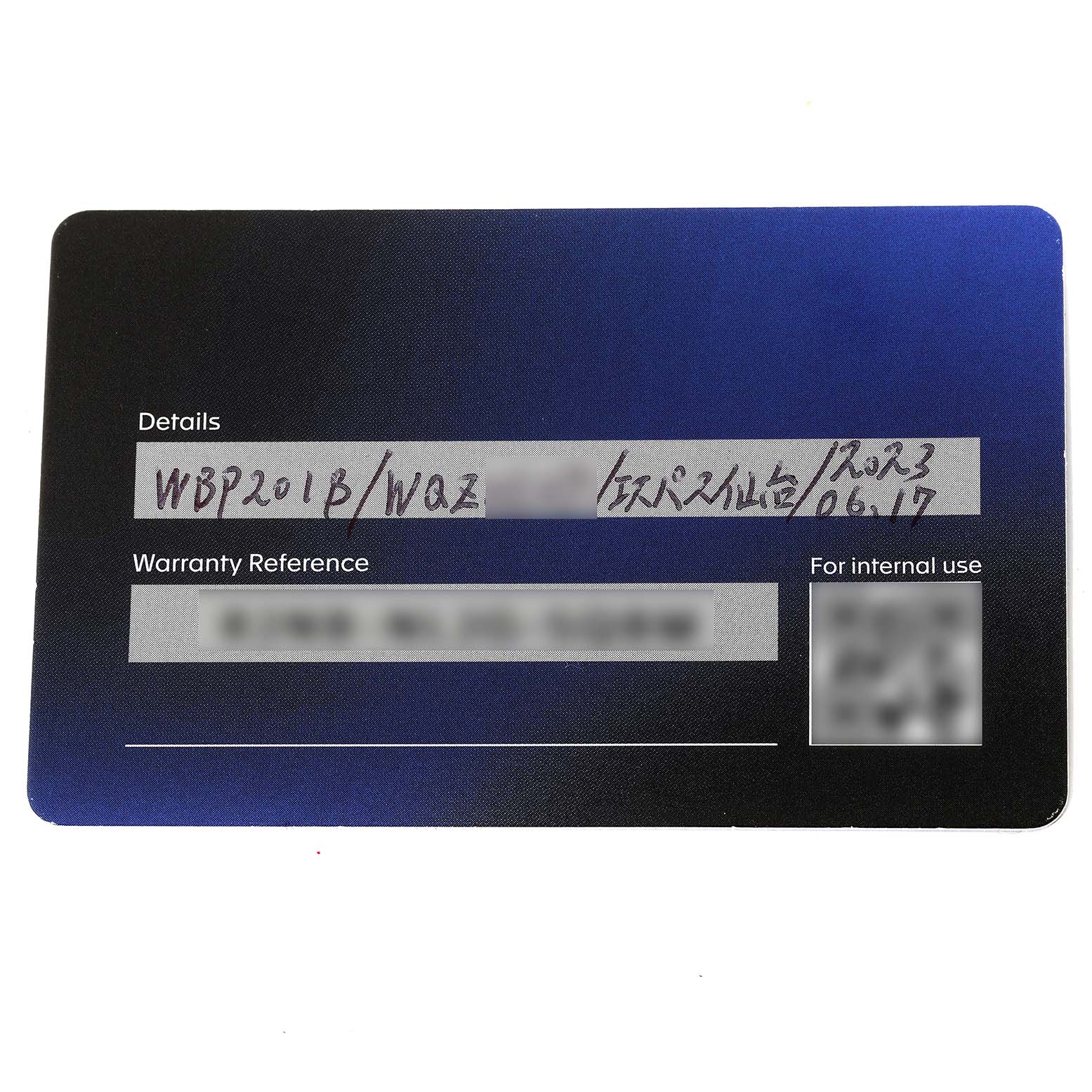 This image shows a warranty card for the Tag Heuer Aquaracer WBP201B.BA0632 Men's Stainless Steel Blue Dial WBP201B.BA0632 Men's Stainless Steel Blue Dial watch model WBP201B/WAZ.