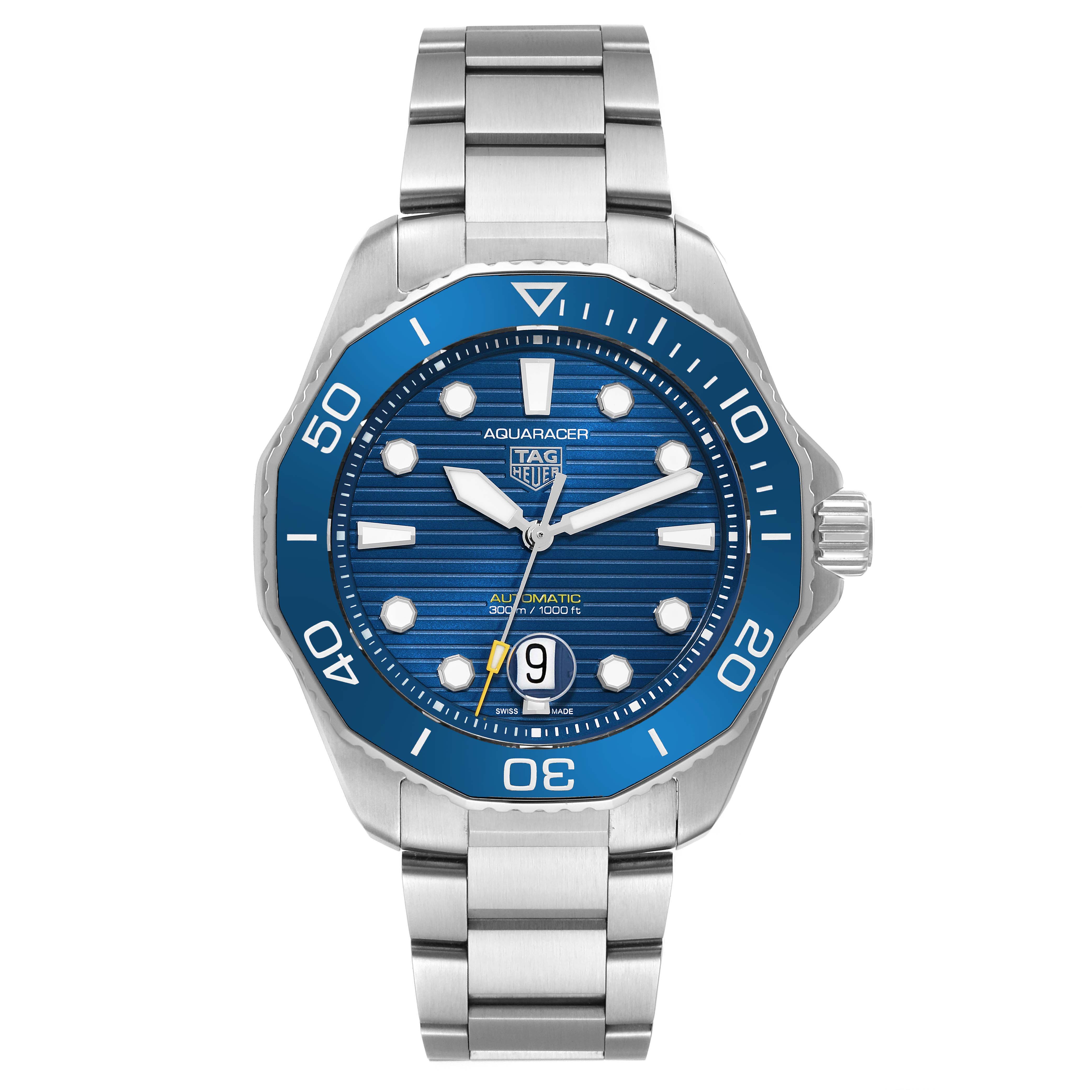 The image shows a front view of the Tag Heuer Aquaracer WBP201B.BA0632 Men's Stainless Steel Blue Dial WBP201B.BA0632 Men's Stainless Steel Blue Dial watch with a blue dial and bezel, stainless steel bracelet, and date window at 6 o'clock.