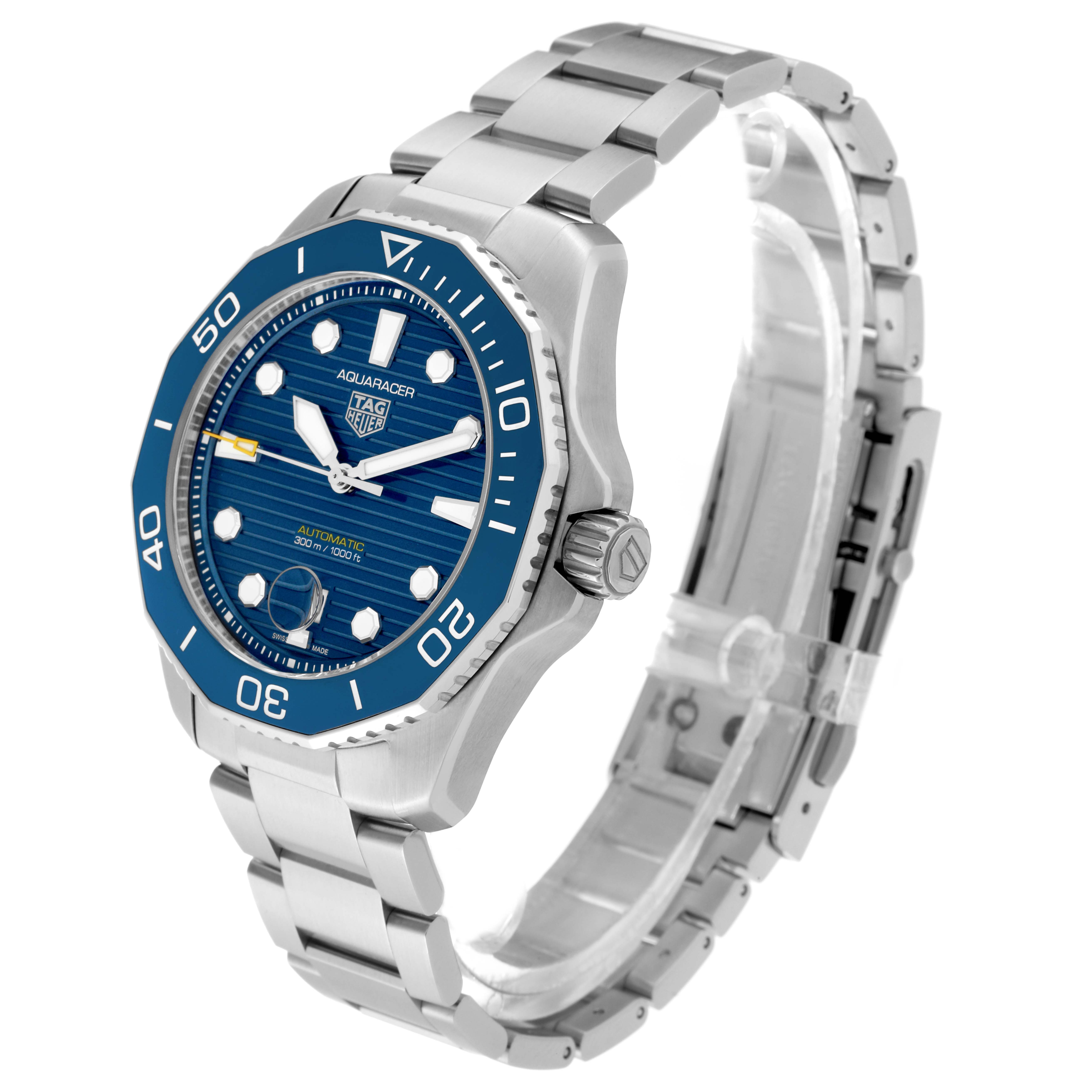 The image shows a side view of a Tag Heuer Aquaracer WBP201B.BA0632 Men's Stainless Steel Blue Dial WBP201B.BA0632 Men's Stainless Steel Blue Dial watch, highlighting its dial, bezel, crown, and stainless steel bracelet.
