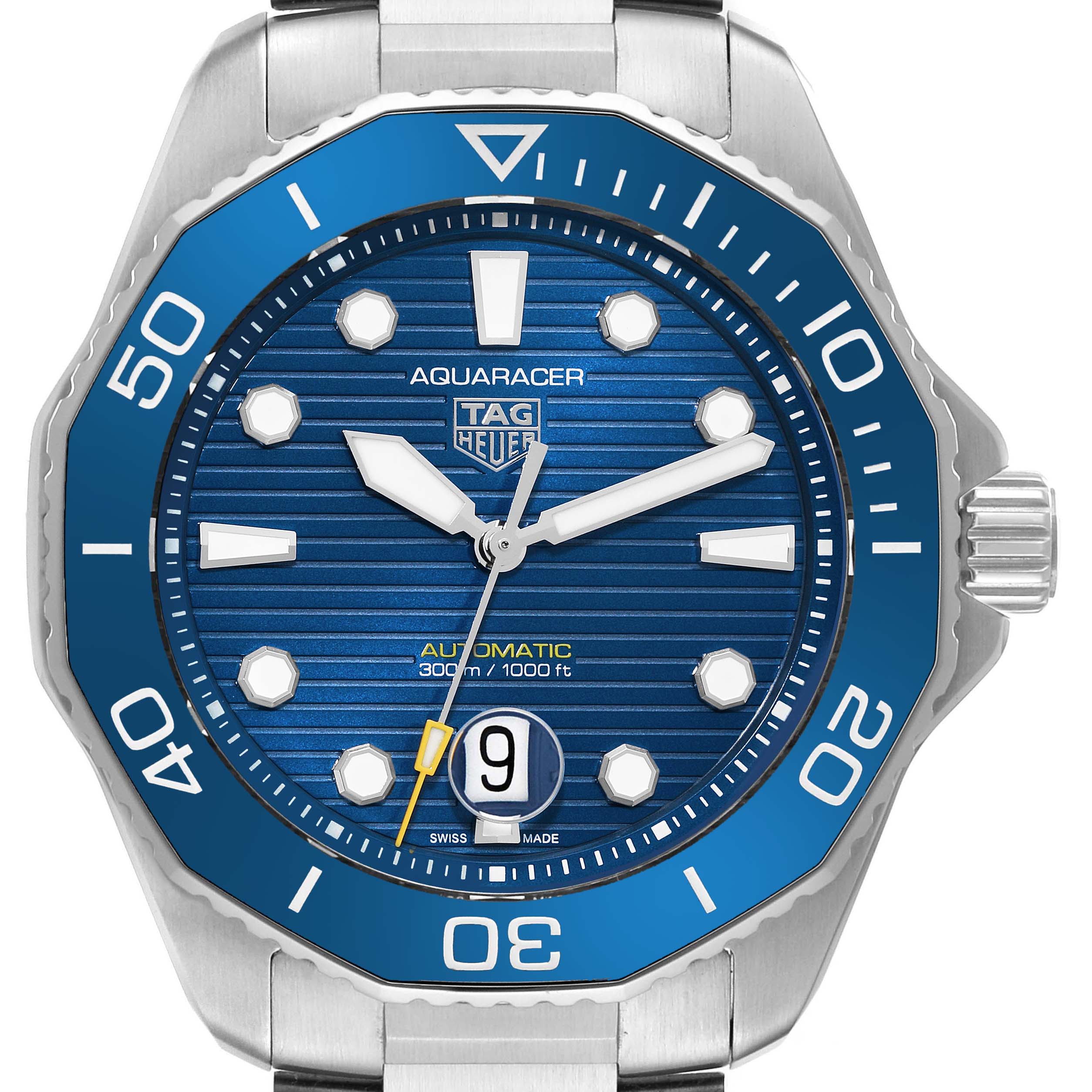 This image shows a close-up frontal view of the Tag Heuer Aquaracer WBP201B.BA0632 Men's Stainless Steel Blue Dial WBP201B.BA0632 Men's Stainless Steel Blue Dial watch, highlighting the dial, bezel, and part of the band.
