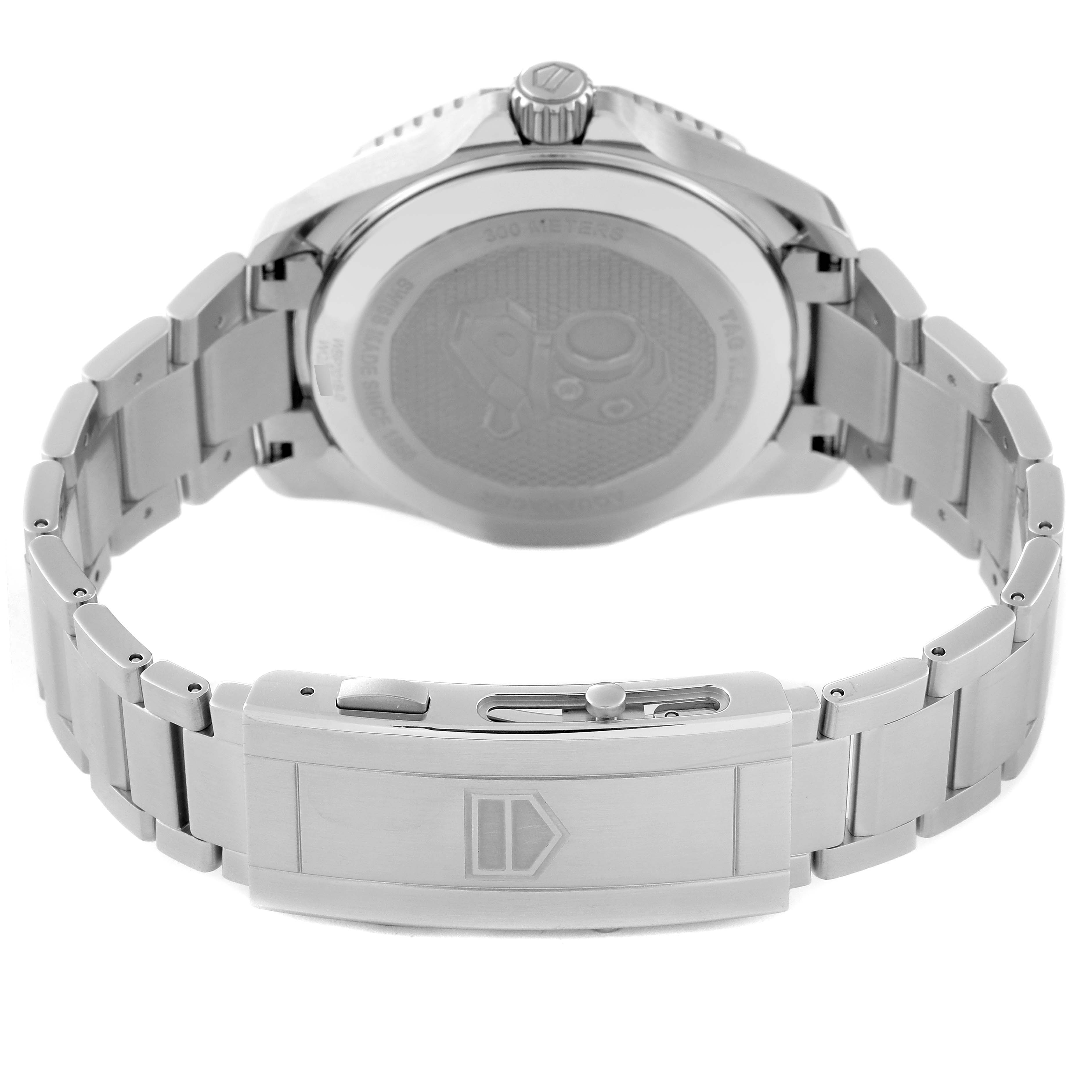 The image shows the back and clasp of a Tag Heuer Aquaracer WBP201B.BA0632 Men's Stainless Steel Blue Dial WBP201B.BA0632 Men's Stainless Steel Blue Dial watch, highlighting its stainless steel bracelet and case back.