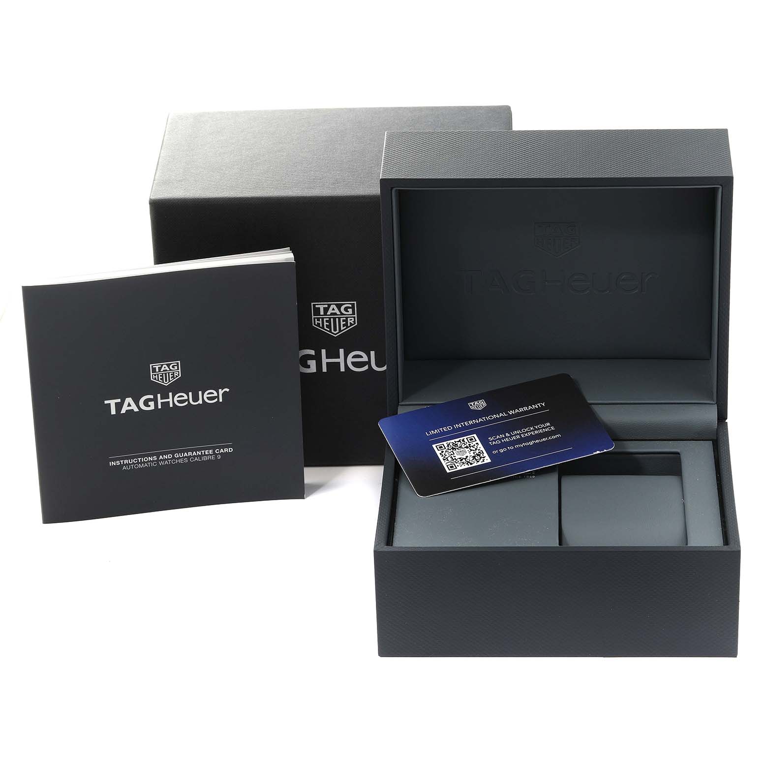 The image shows the packaging, warranty card, and instruction manual for a Tag Heuer Aquaracer WBP201B.BA0632 Men's Stainless Steel Blue Dial WBP201B.BA0632 Men's Stainless Steel Blue Dial watch.