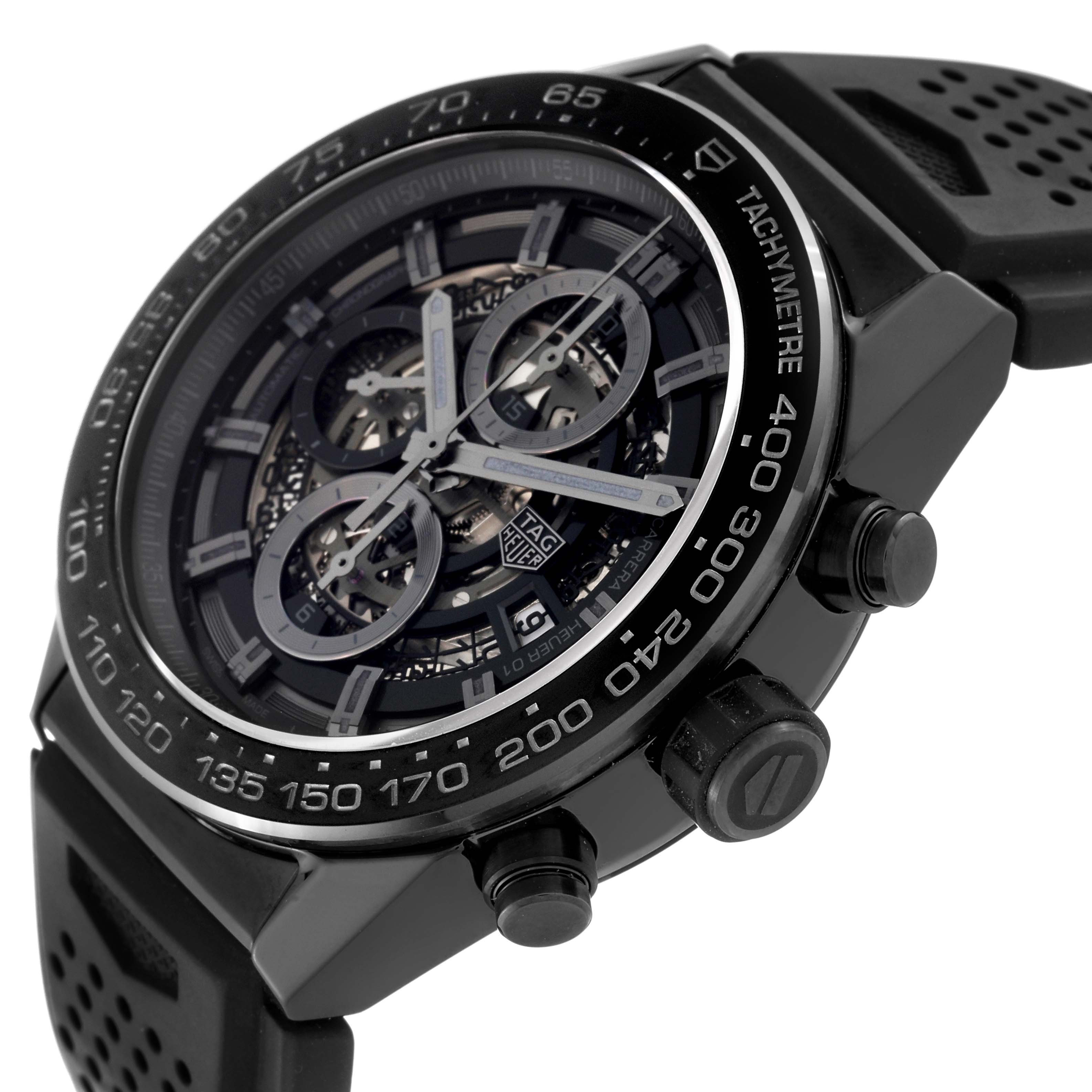 The image shows a close-up angled view of a Tag Heuer Carrera CAR2A90.FT6071 Men's Ceramic Black Dial CAR2A90.FT6071 Men's Ceramic Black Dial watch, focusing on the dial, tachymeter bezel, and pushers.