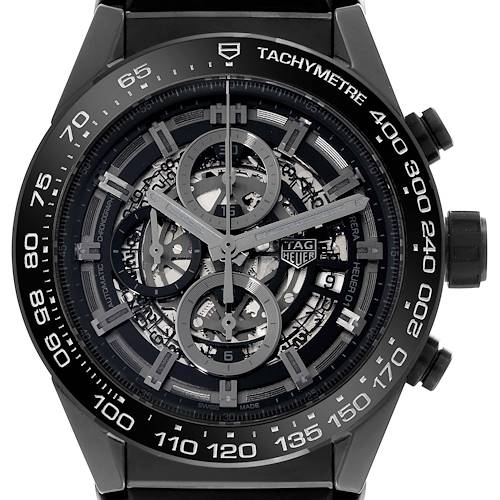 The image shows a front view of a Tag Heuer Carrera watch, highlighting its dial, tachymeter bezel, and chronograph subdials.