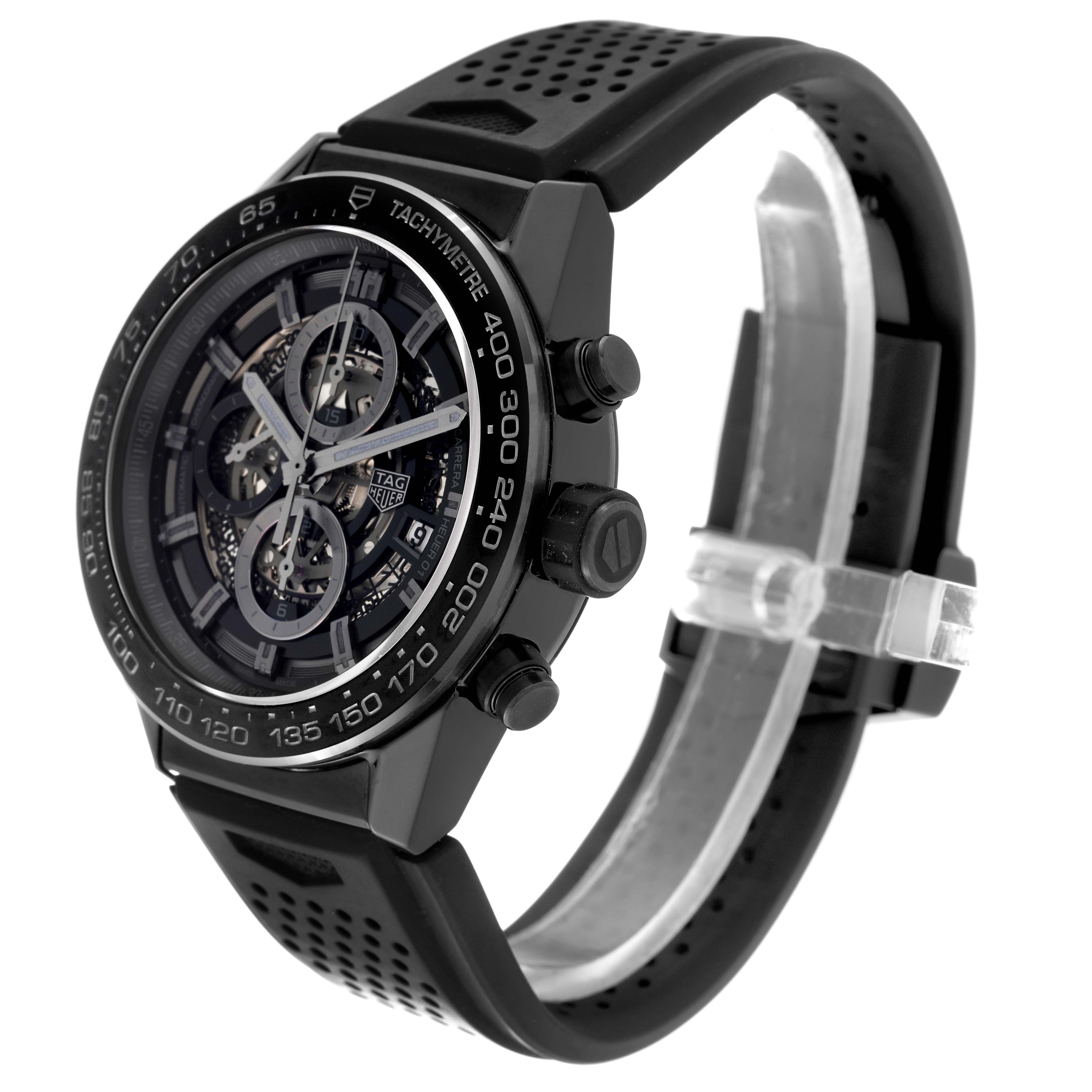 The image shows a Tag Heuer Carrera CAR2A90.FT6071 Men's Ceramic Black Dial CAR2A90.FT6071 Men's Ceramic Black Dial watch at a slight angle, highlighting the dial, tachymeter bezel, and perforated strap.