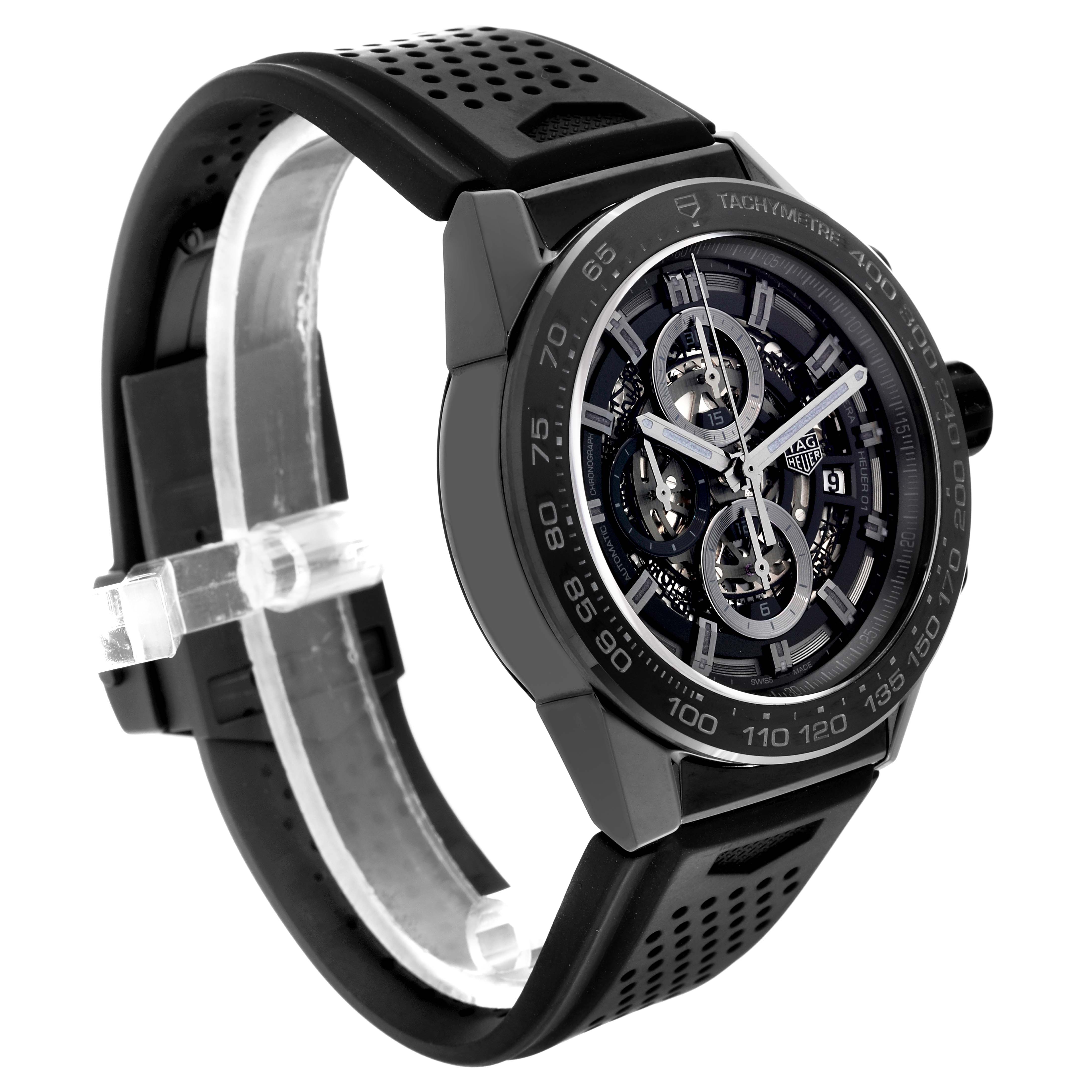 The image shows a side angle view of the Tag Heuer Carrera CAR2A90.FT6071 Men's Ceramic Black Dial CAR2A90.FT6071 Men's Ceramic Black Dial watch, highlighting the dial, case, and rubber strap.