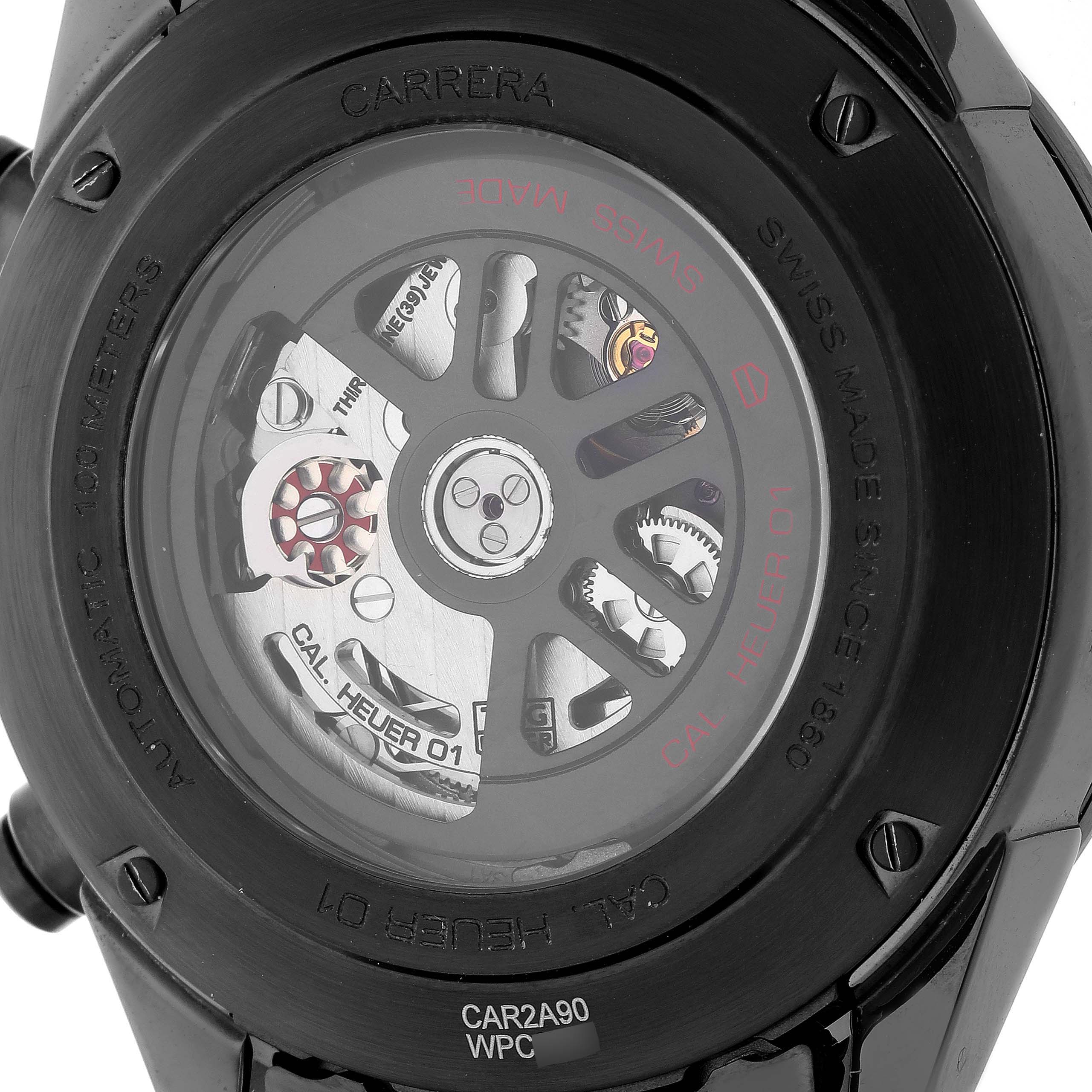 The image shows the back view of the Tag Heuer Carrera CAR2A90.FT6071 Men's Ceramic Black Dial CAR2A90.FT6071 Men's Ceramic Black Dial watch, displaying the movement mechanism.