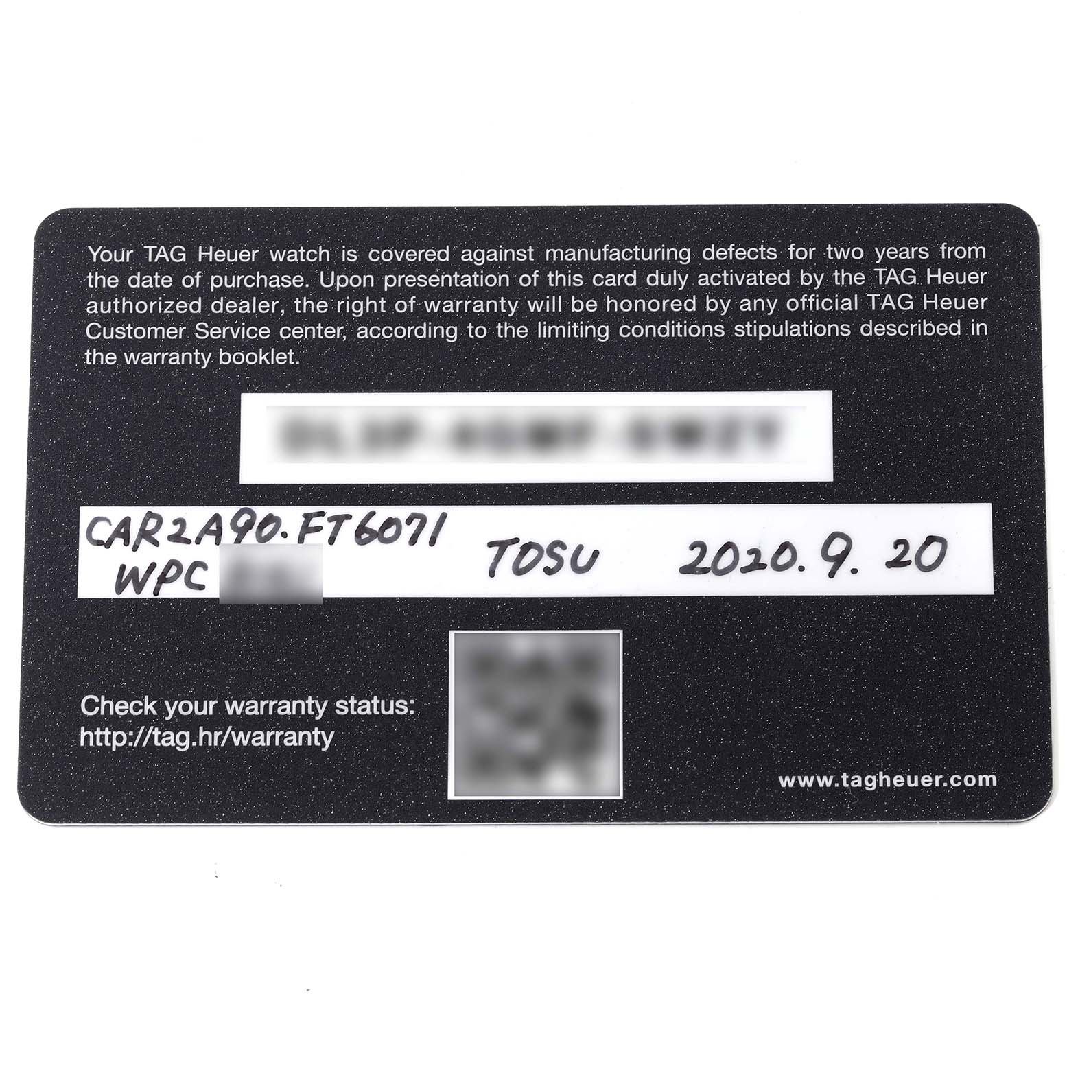 This image shows the warranty card for a Tag Heuer Carrera CAR2A90.FT6071 Men's Ceramic Black Dial CAR2A90.FT6071 Men's Ceramic Black Dial model.