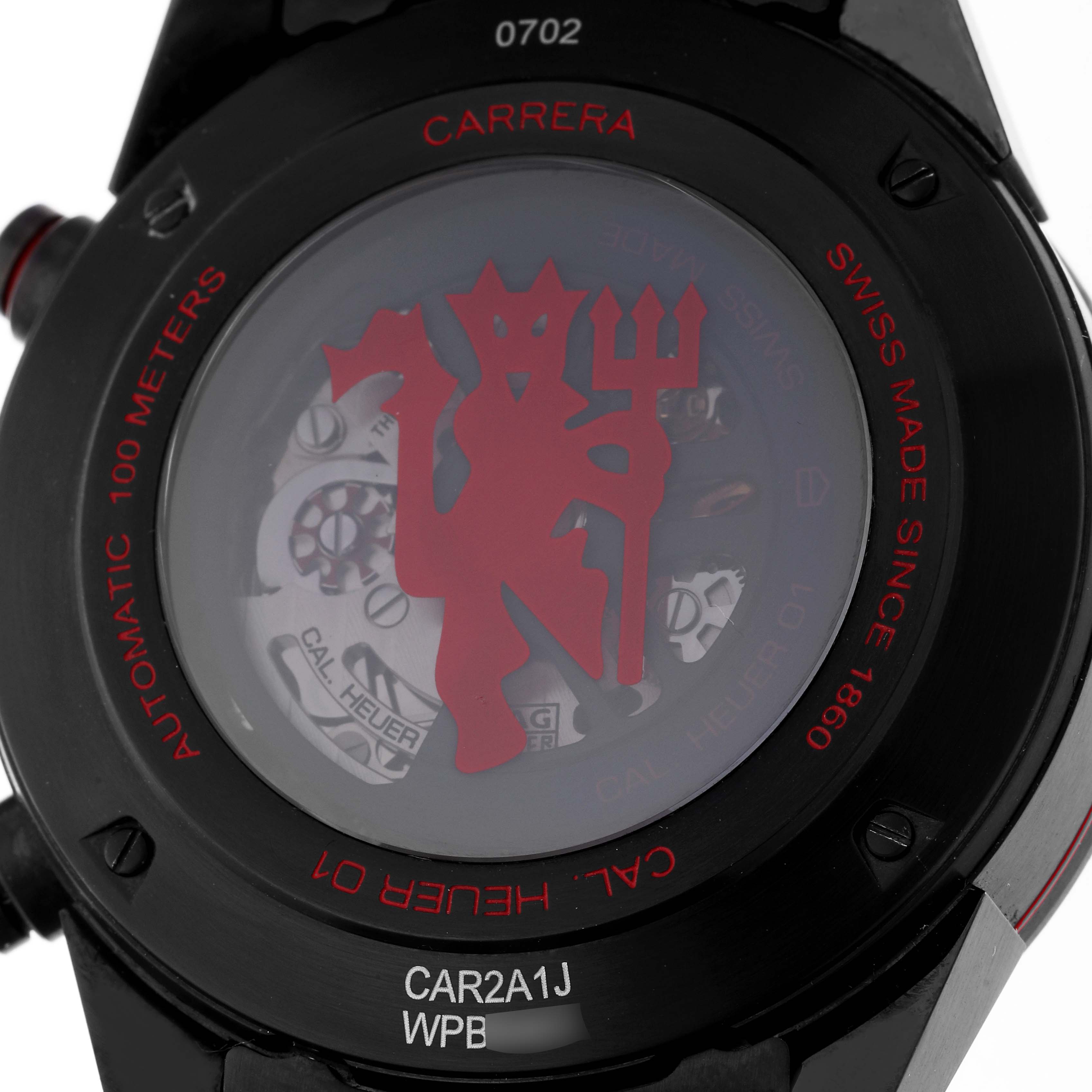 The image shows the back of the Tag Heuer Carrera CAR2A1J.FC6416 Men
s Stainless Steel Black Dial watch, highlighting its automatic movement and transparent case back.