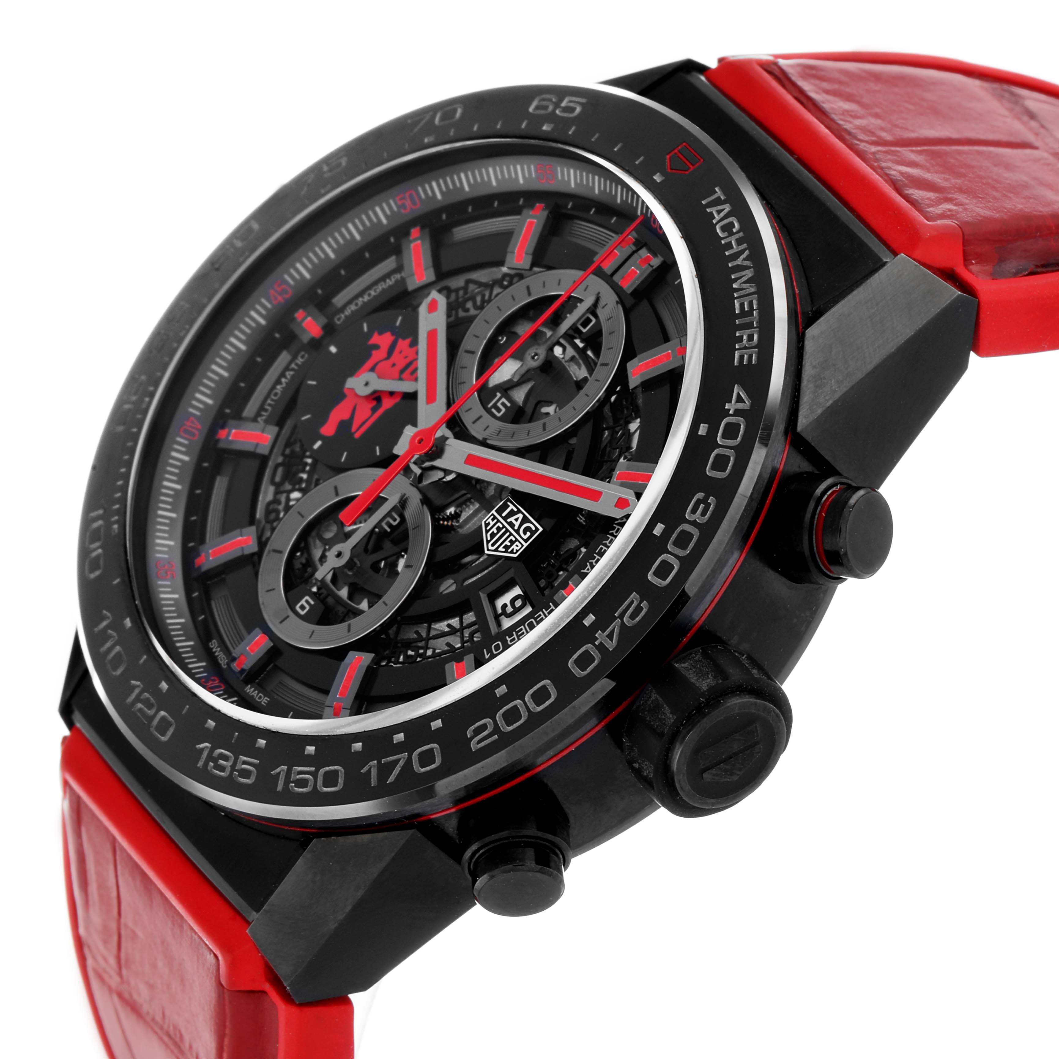 The Tag Heuer Carrera CAR2A1J.FC6416 Men
s Stainless Steel Black Dial watch is shown at a slight angle highlighting its face, bezel, crown, and part of the red strap.