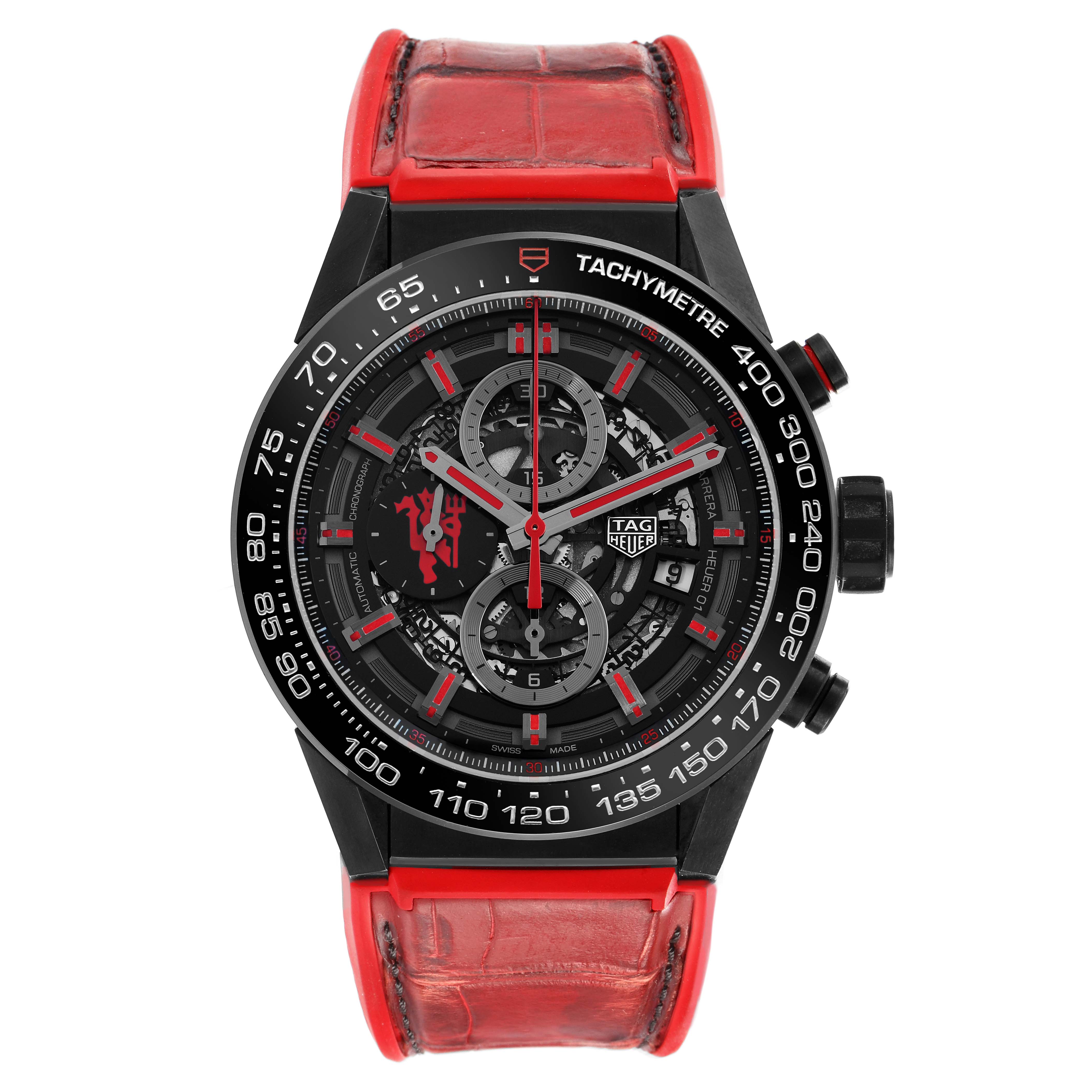 The Tag Heuer Carrera CAR2A1J.FC6416 Men
s Stainless Steel Black Dial watch is shown from a front angle, displaying the face, tachymeter, subdials, and red leather strap.
