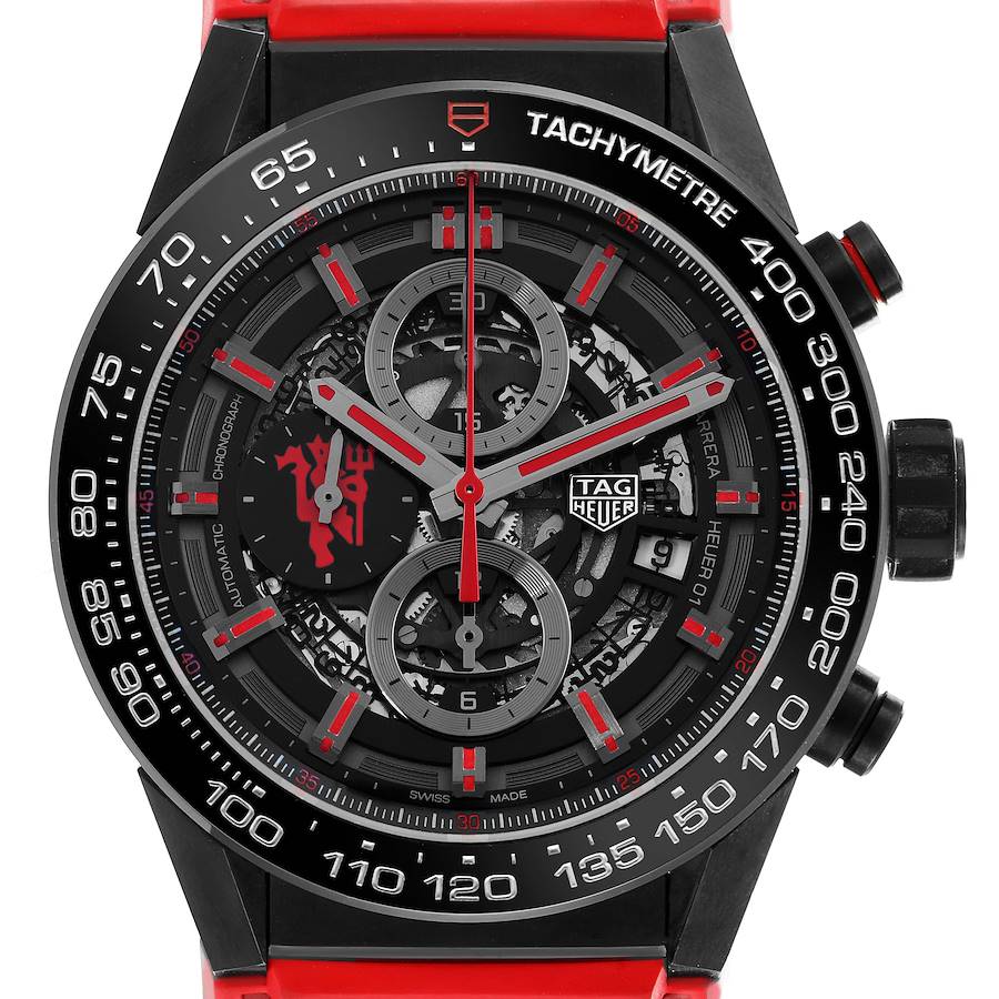 The Tag Heuer Carrera CAR2A1J.FC6416 Men's Stainless Steel Black Dial watch is shown from the front, highlighting its red and black dial, tachymeter bezel, and chronograph features.