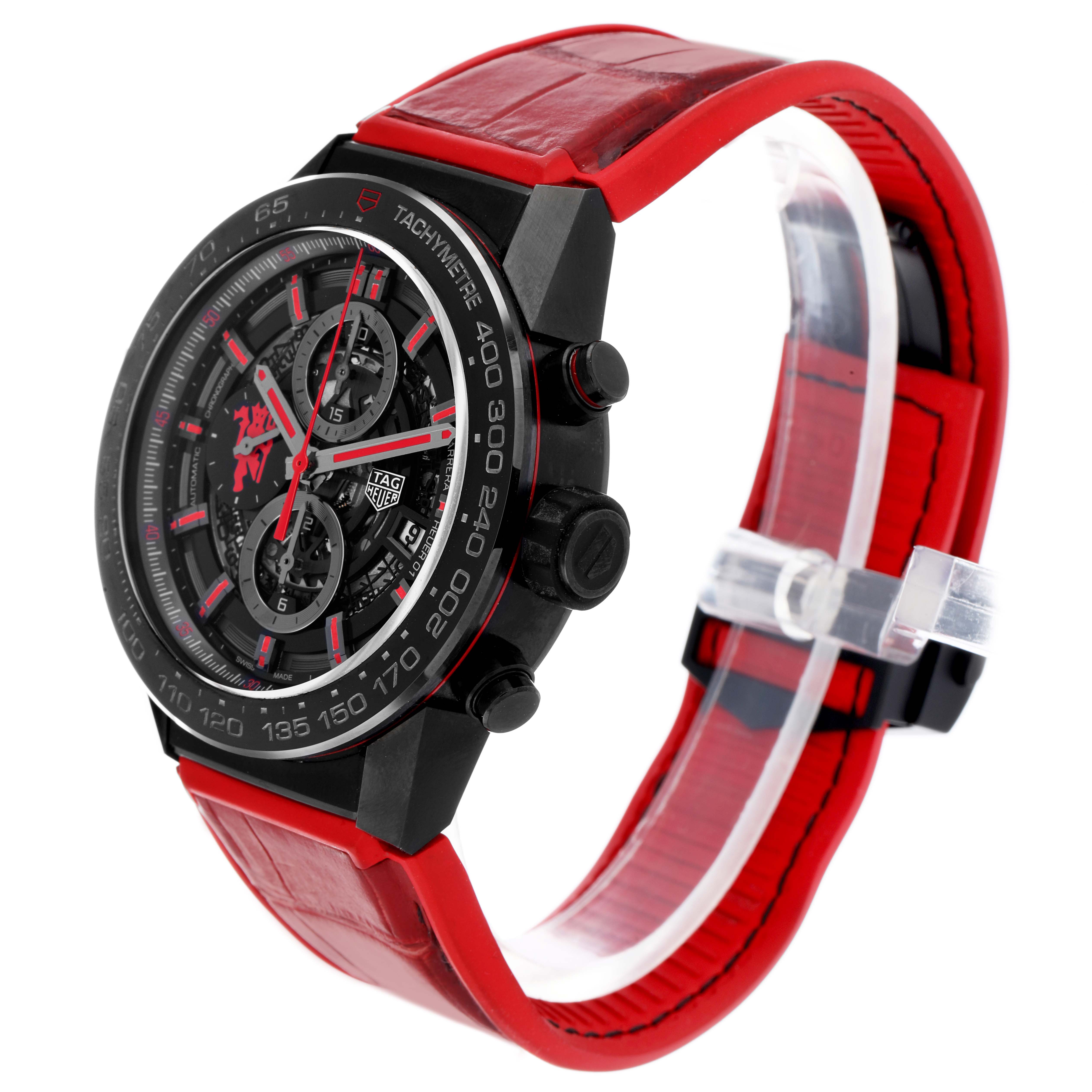The Tag Heuer Carrera CAR2A1J.FC6416 Men
s Stainless Steel Black Dial watch is shown at a side angle, highlighting the red strap, black case, dials, and tachymeter bezel.