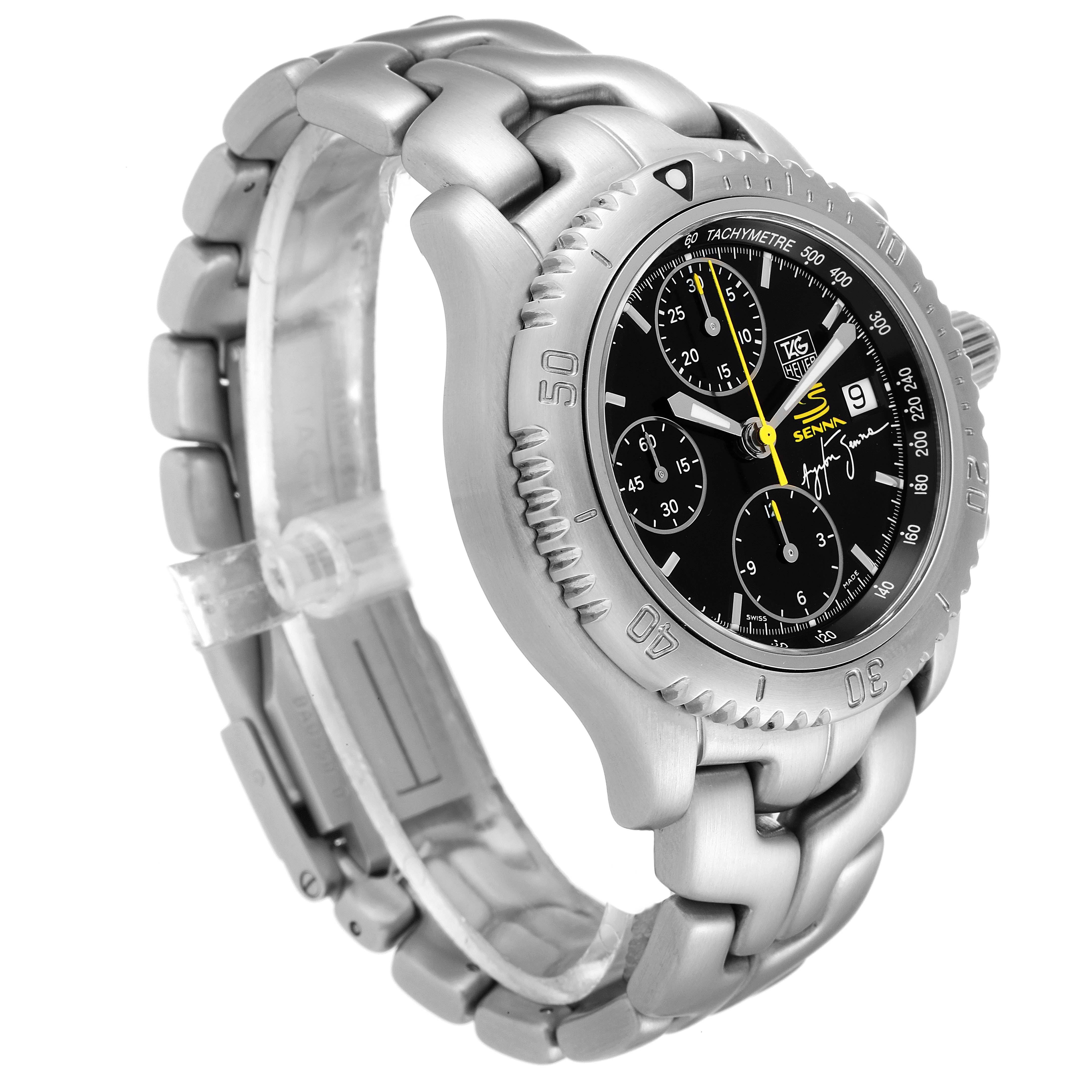 The image shows the front and side view of a Tag Heuer Link CT2115 Men
s Stainless Steel Black Dial CT2115 Men
s Stainless Steel Black Dial model watch, highlighting its face, bezel, and linked bracelet.