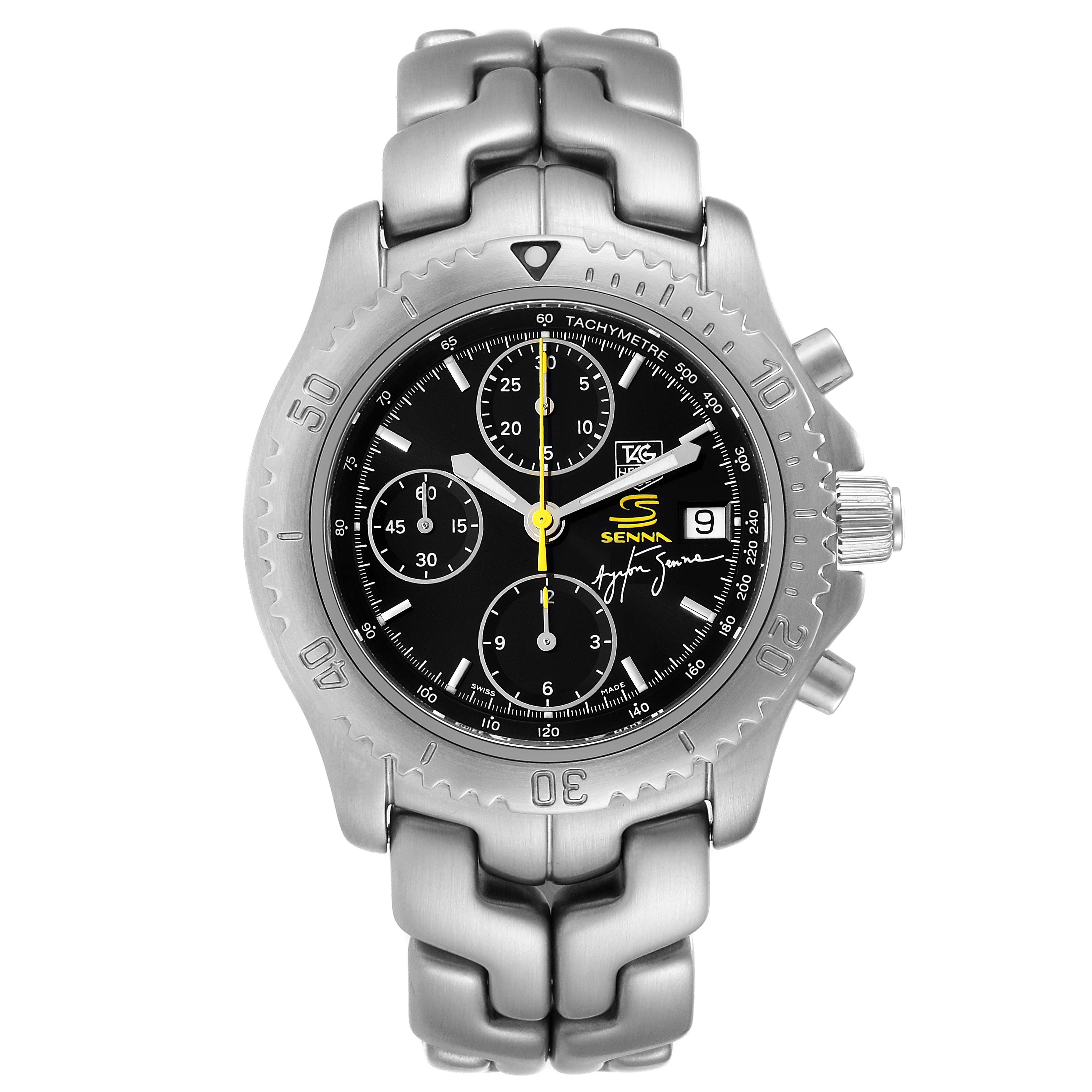 The image shows a front view of the Tag Heuer Link CT2115 Men
s Stainless Steel Black Dial CT2115 Men
s Stainless Steel Black Dial model watch, highlighting its face, bezel, and bracelet.