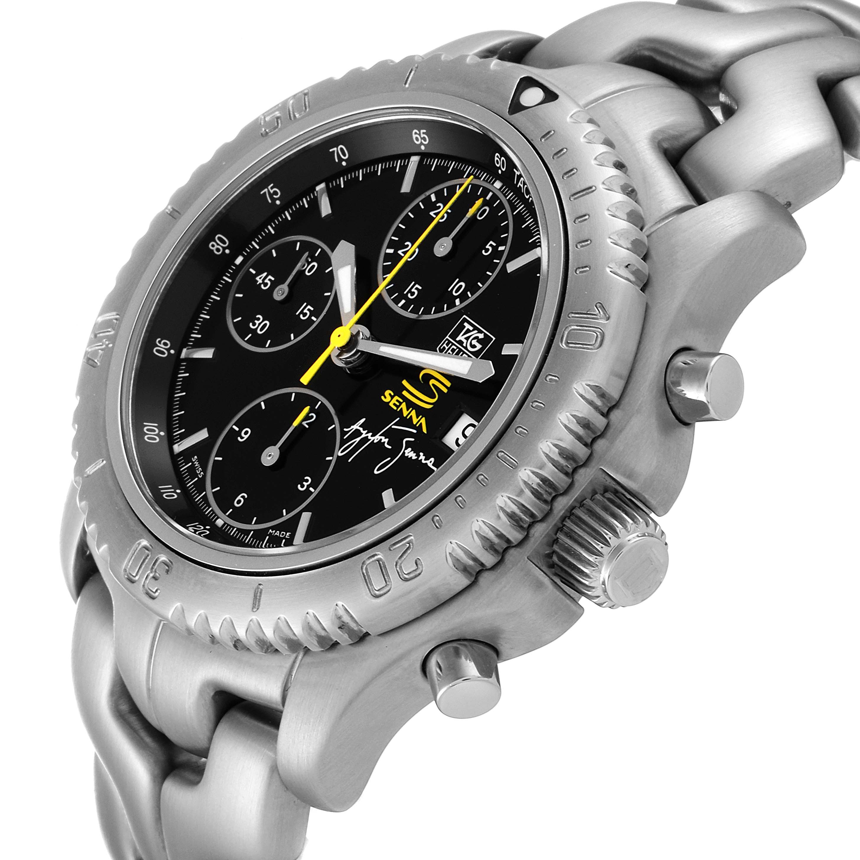 The image shows a Tag Heuer Link CT2115 Men
s Stainless Steel Black Dial CT2115 Men
s Stainless Steel Black Dial watch model from an angled view displaying the bezel, crown, chronograph buttons, and part of the bracelet.