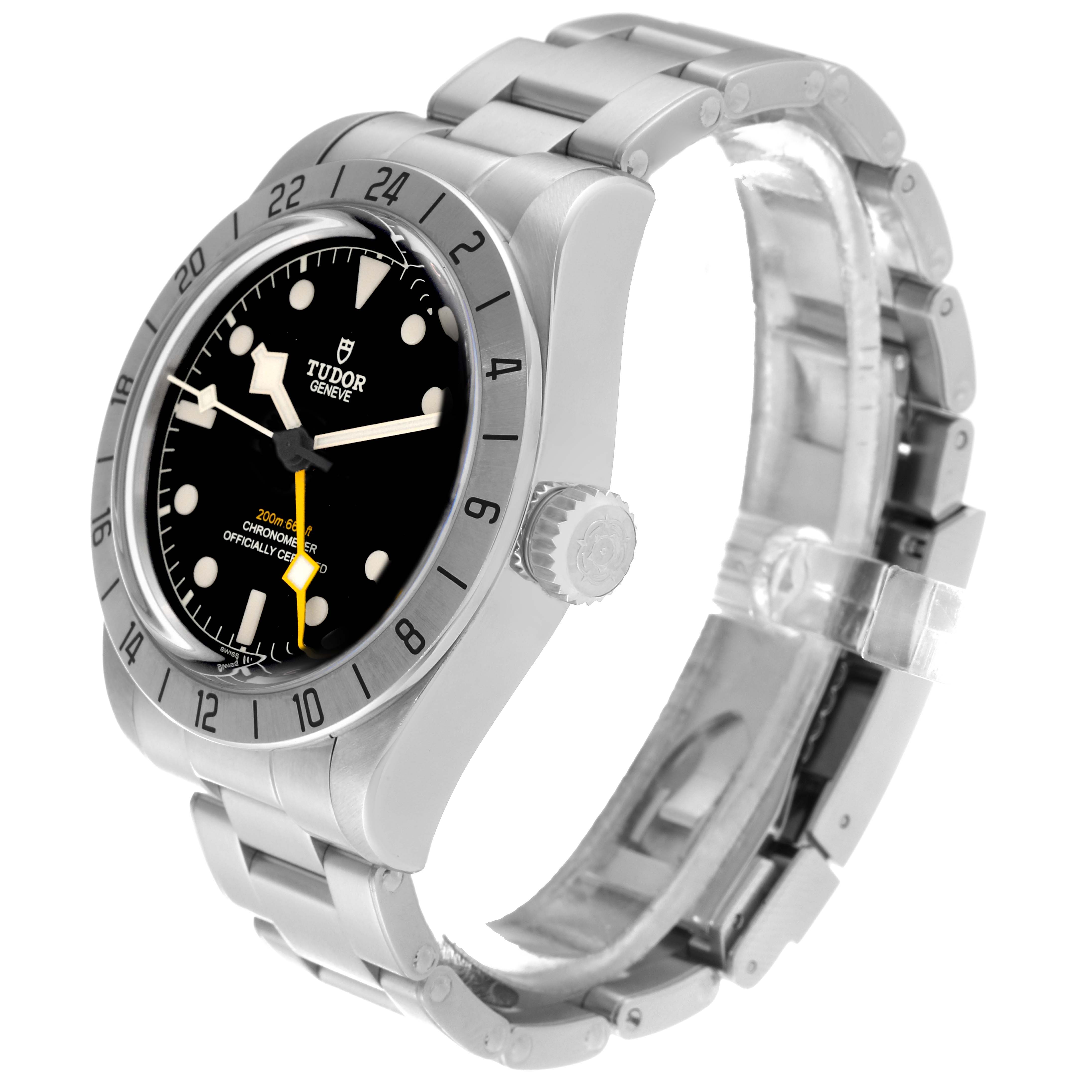 The image shows a Tudor Heritage Black Bay 79470 Men's Stainless Steel Black Dial 79470 Men's Stainless Steel Black Dial watch at a slight left-side angle, highlighting the dial, bezel, crown, and bracelet.