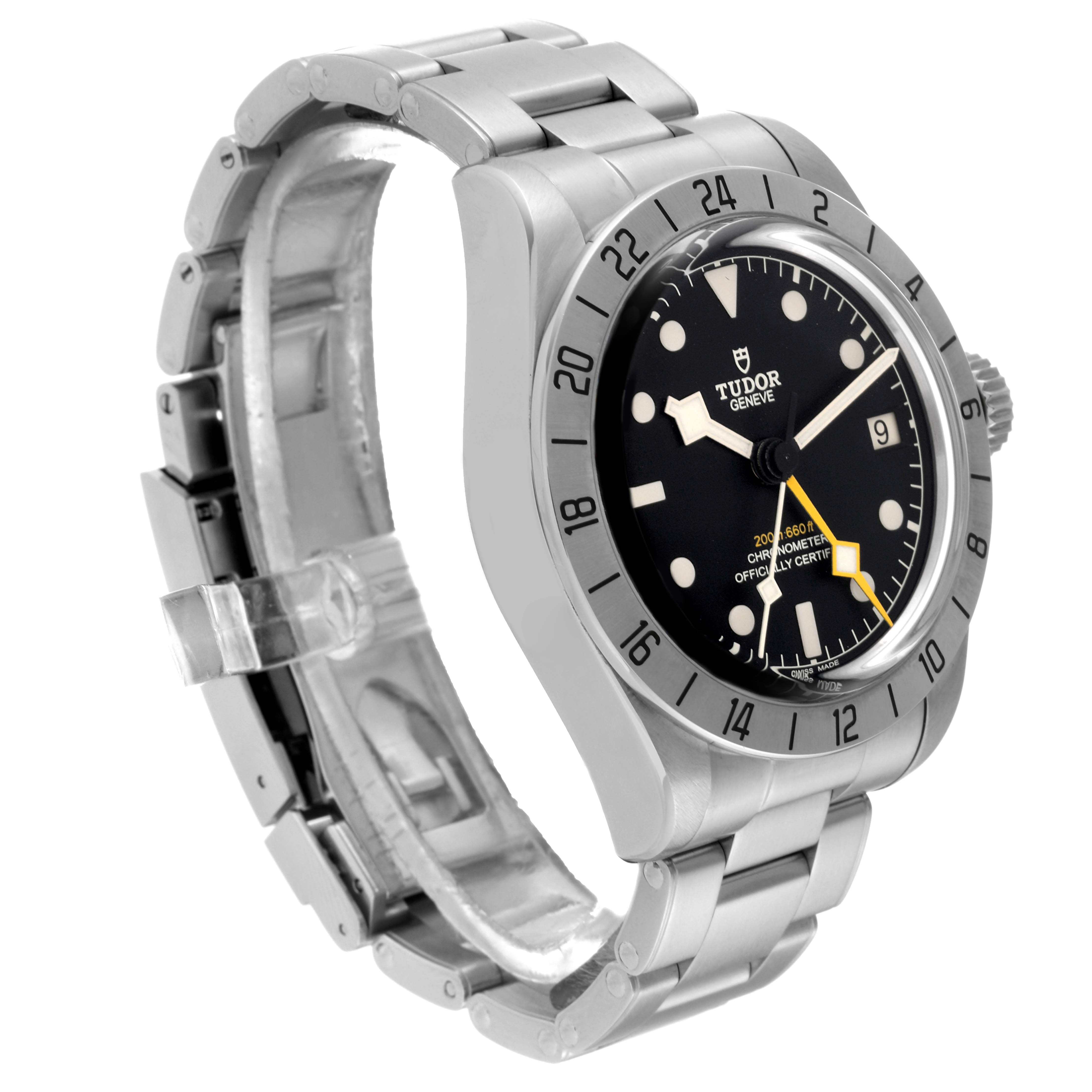 This is a side angle of the Tudor Heritage Black Bay 79470 Men's Stainless Steel Black Dial 79470 Men's Stainless Steel Black Dial watch, showing the face, bezel, crown, and part of the bracelet.