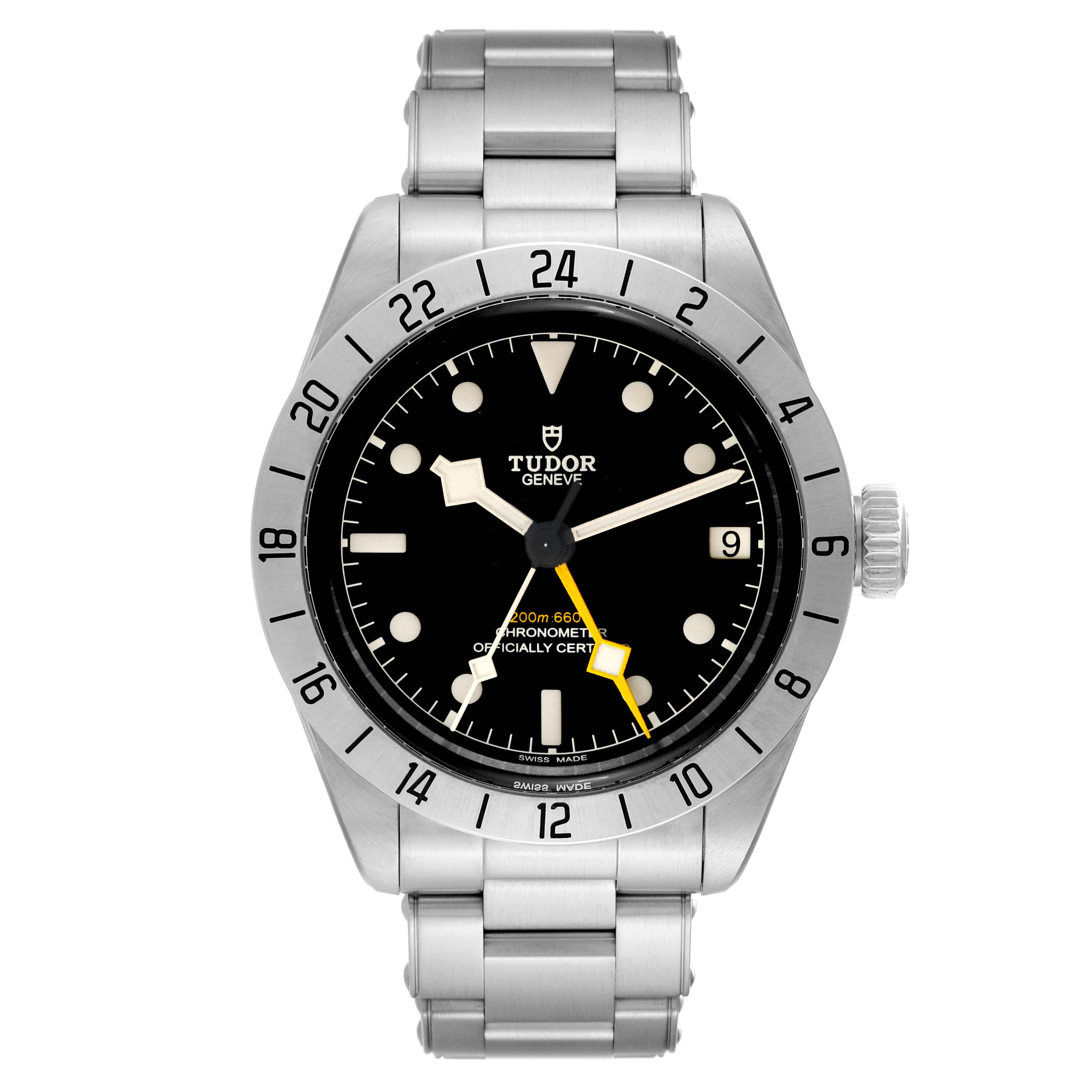 The image shows a frontal view of the Tudor Heritage Black Bay 79470 Men's Stainless Steel Black Dial 79470 Men's Stainless Steel Black Dial watch, displaying the dial, bezel, hands, and stainless steel bracelet.