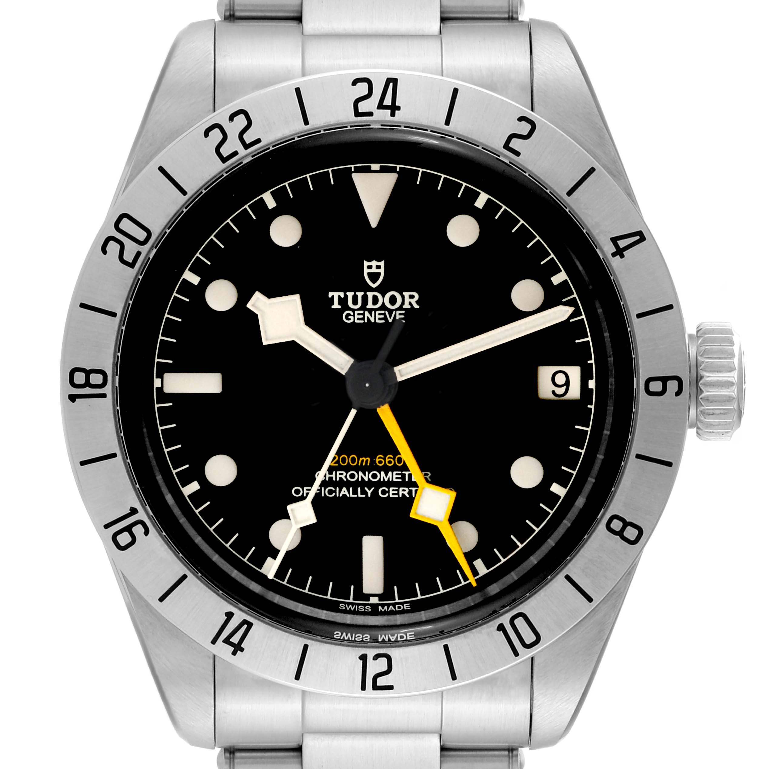 This image shows a front view of the Tudor Heritage Black Bay 79470 Men's Stainless Steel Black Dial 79470 Men's Stainless Steel Black Dial watch, highlighting the dial, bezel, and part of the bracelet.