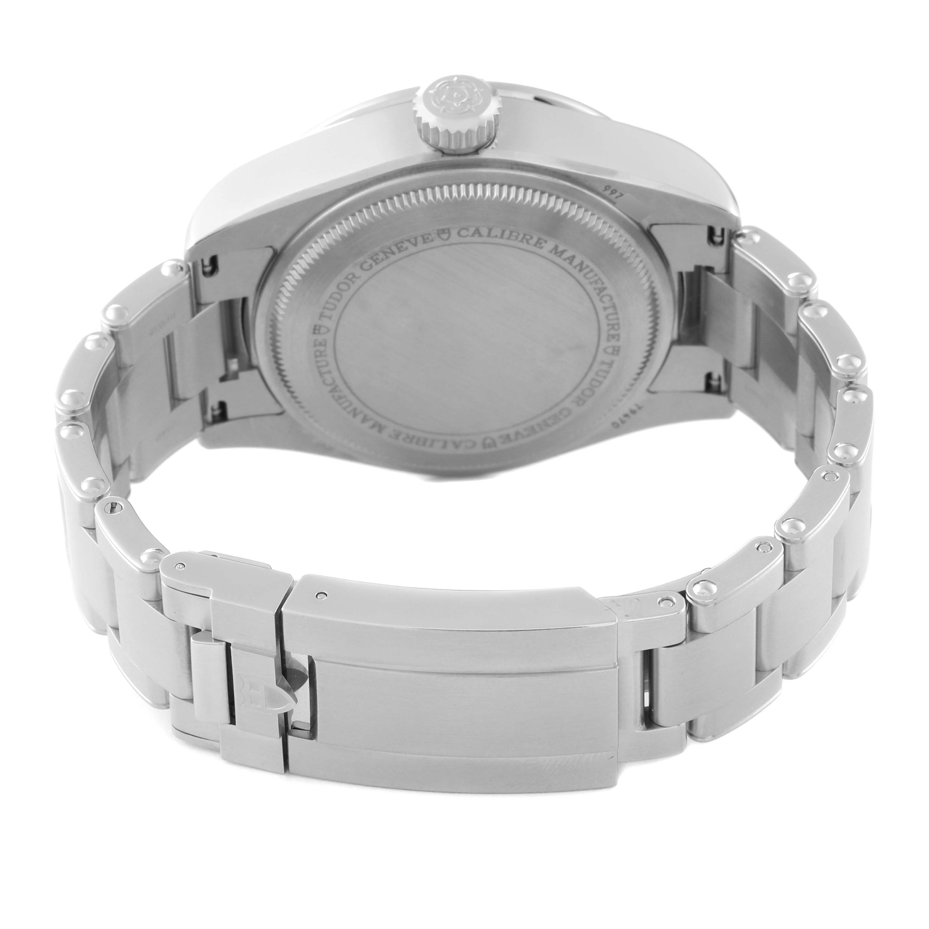 This image shows the back case and bracelet of the Tudor Heritage Black Bay 79470 Men's Stainless Steel Black Dial 79470 Men's Stainless Steel Black Dial watch from a rear angle.