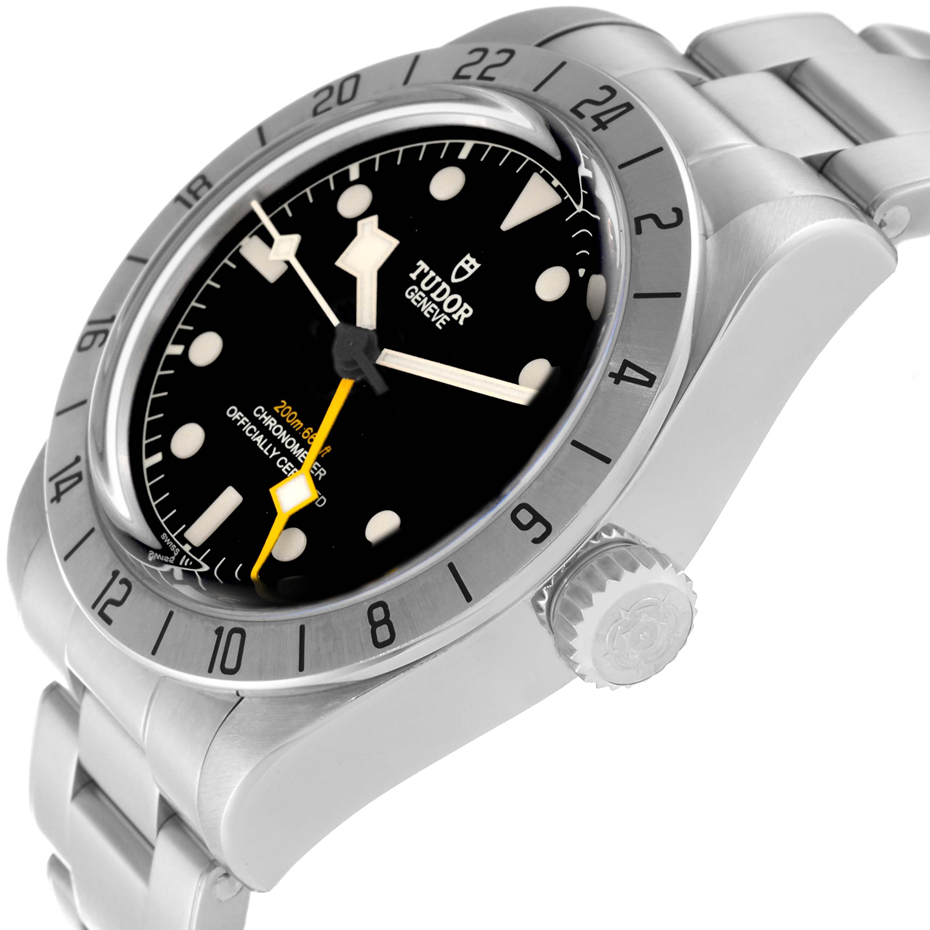 This image shows the Tudor Heritage Black Bay 79470 Men's Stainless Steel Black Dial 79470 Men's Stainless Steel Black Dial watch from a side angle, highlighting the bezel, crown, and bracelet links.