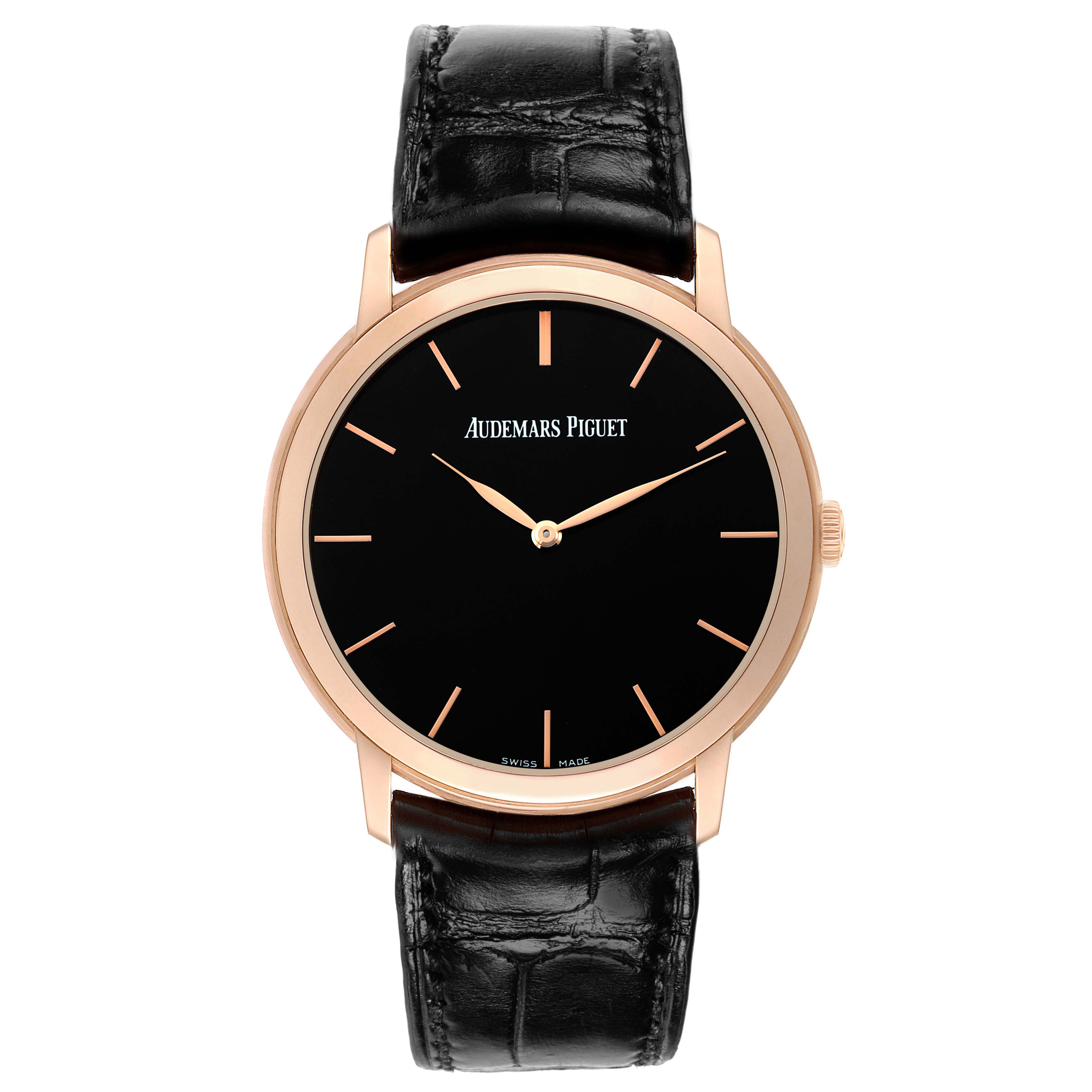 The Jules model by Audemars Piguet is shown from a front view, highlighting the black dial, rose gold case, and black leather strap.