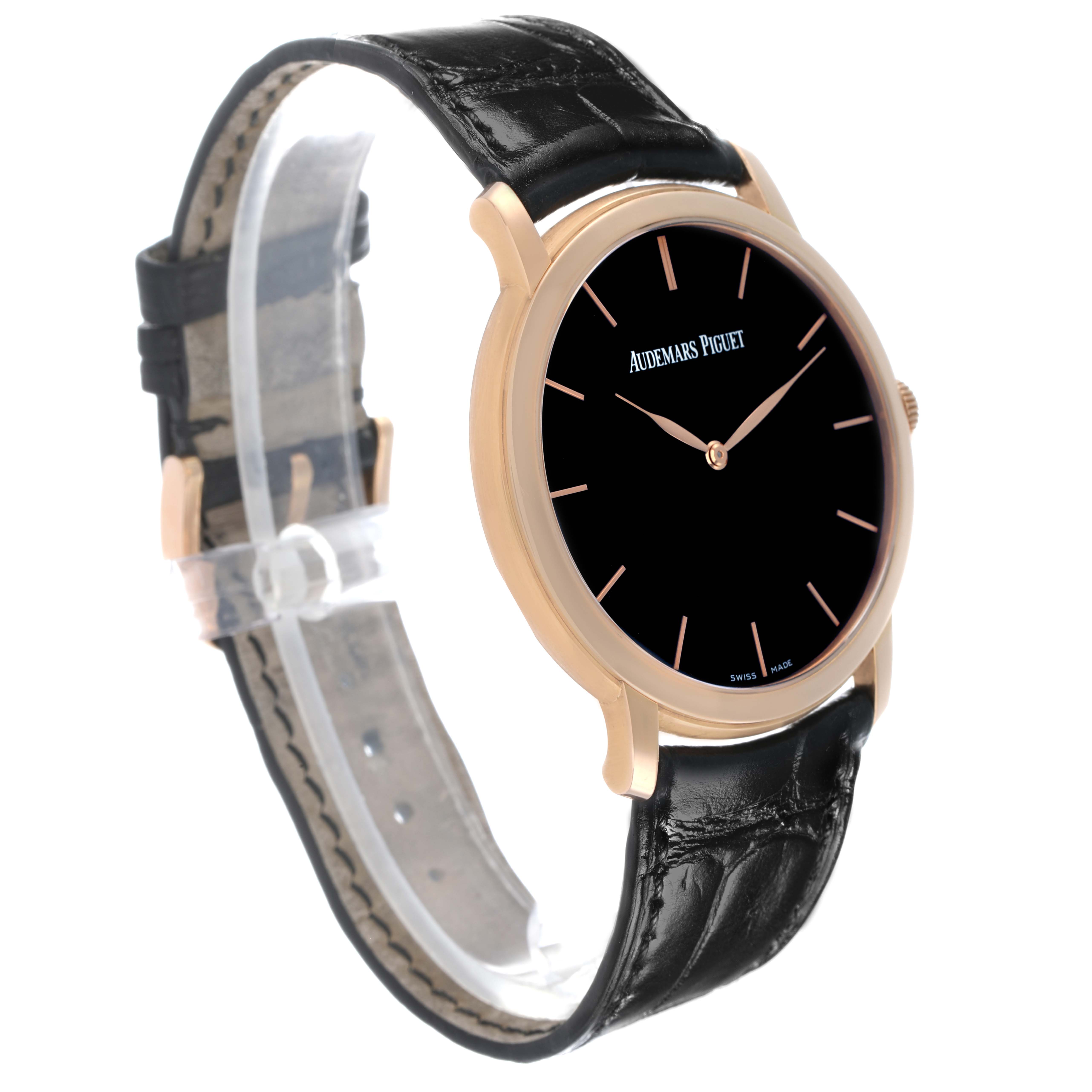 The Jules model by Audemars Piguet is shown at a slight angle, highlighting its black dial, rose gold case, and leather strap.