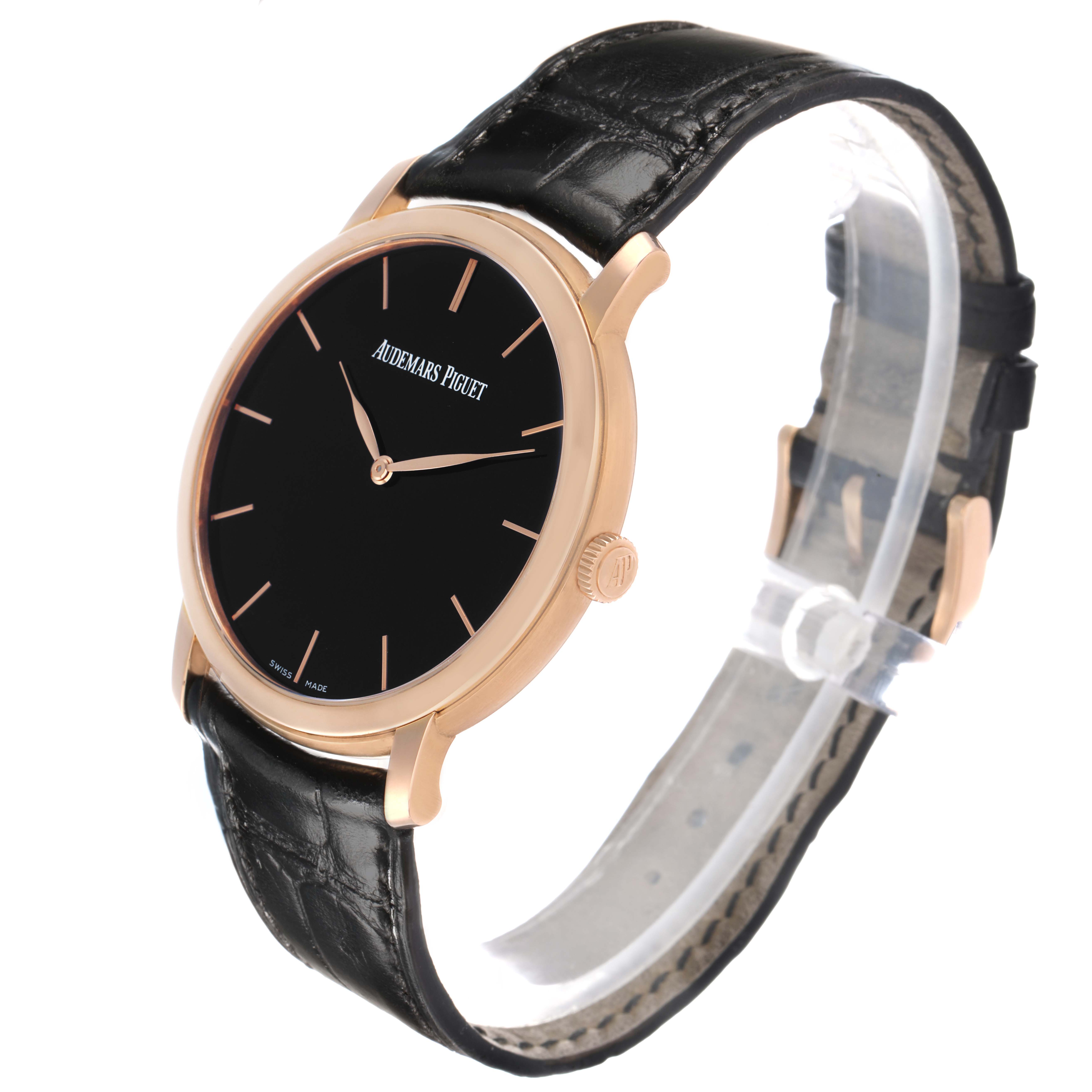 The Audemars Piguet Jules 15180R Men's Rose Gold Black Dial watch is shown at a side angle, highlighting the black dial, rose gold case, crown, and leather strap.