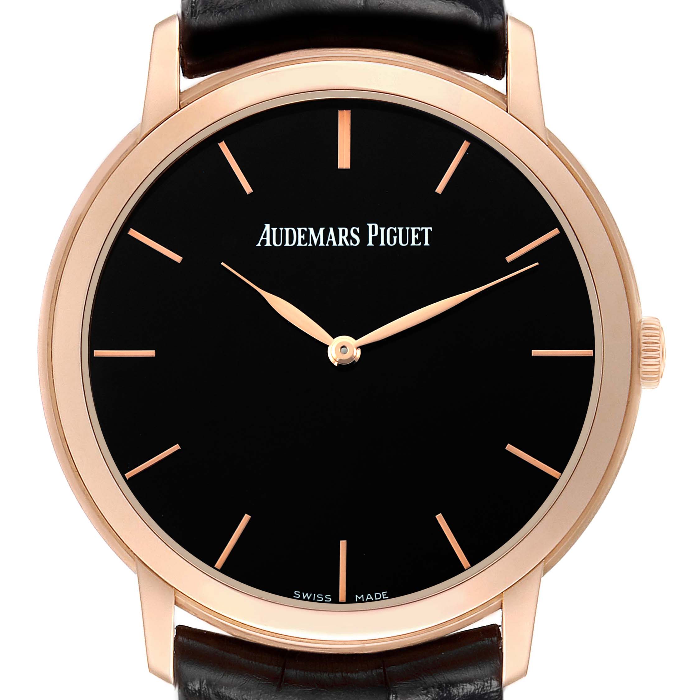 The Audemars Piguet Jules 15180R Men's Rose Gold Black Dial model is shown from the front, highlighting the black dial, rose gold case, and leather strap.