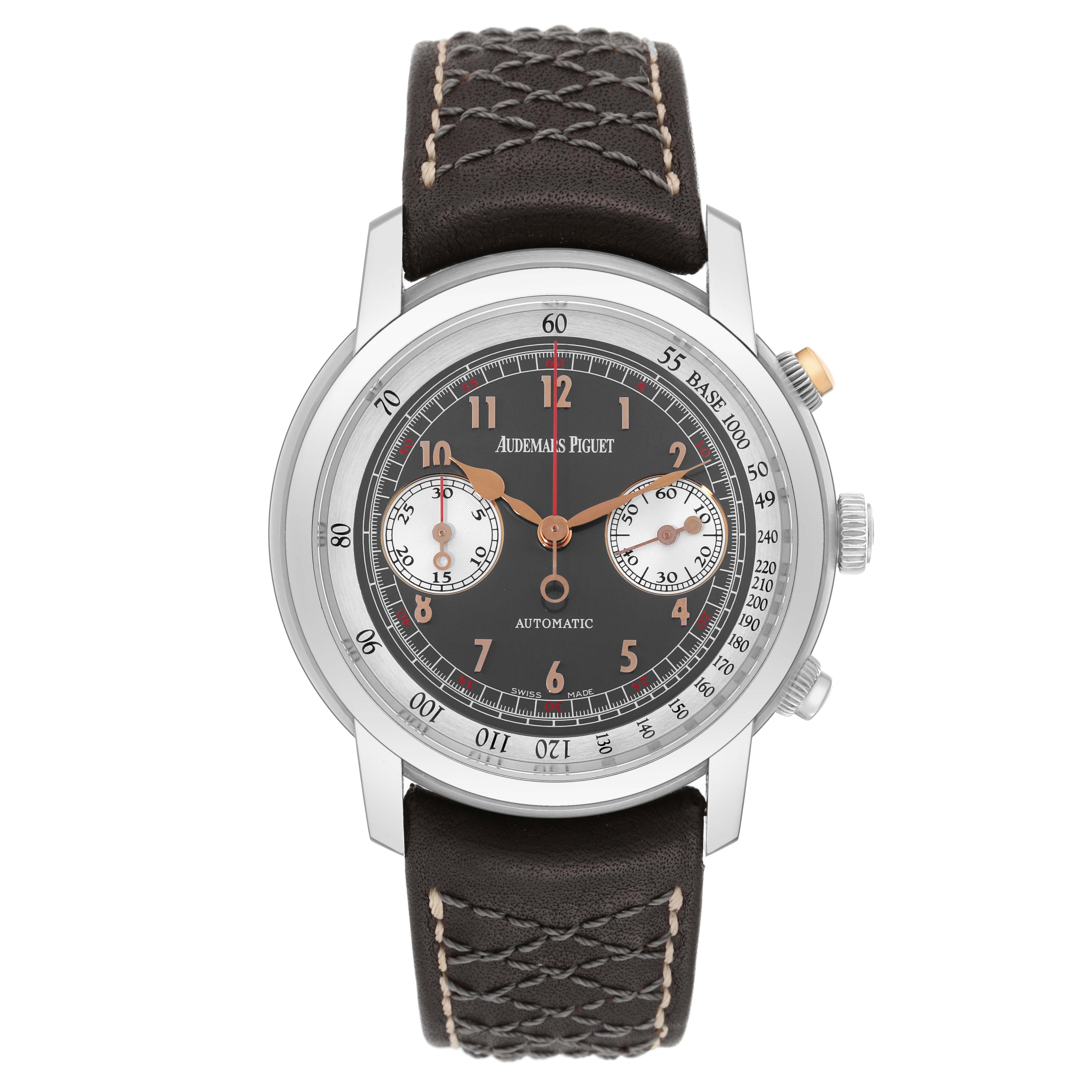 The image shows a front view of the Jules model by Audemars Piguet, highlighting the dial, case, and brown leather strap.