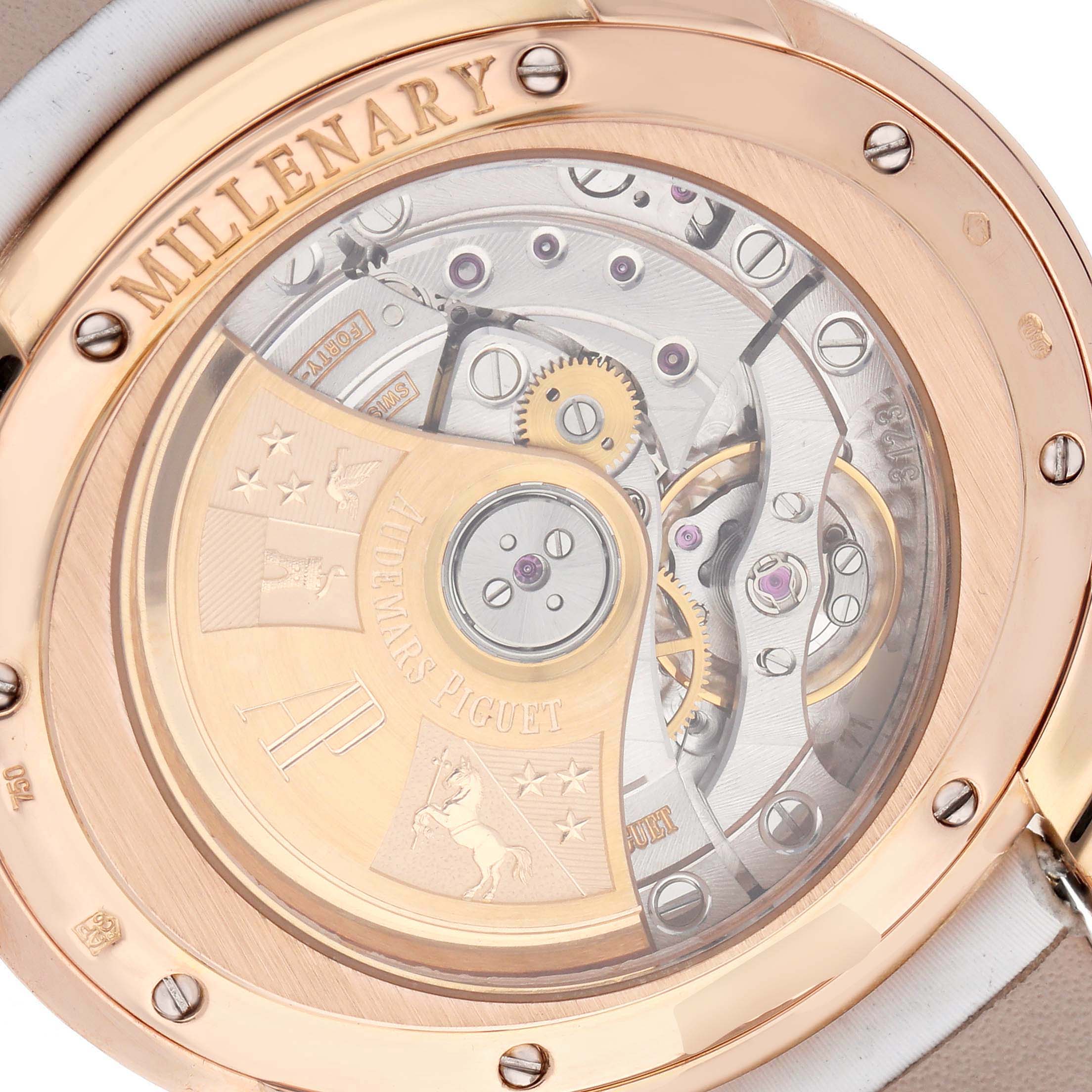 This image shows the back view of the Audemars Piguet Millenary 77315OR Women's Rose Gold Mother of Pearl Dial watch, highlighting its intricate mechanical movement.