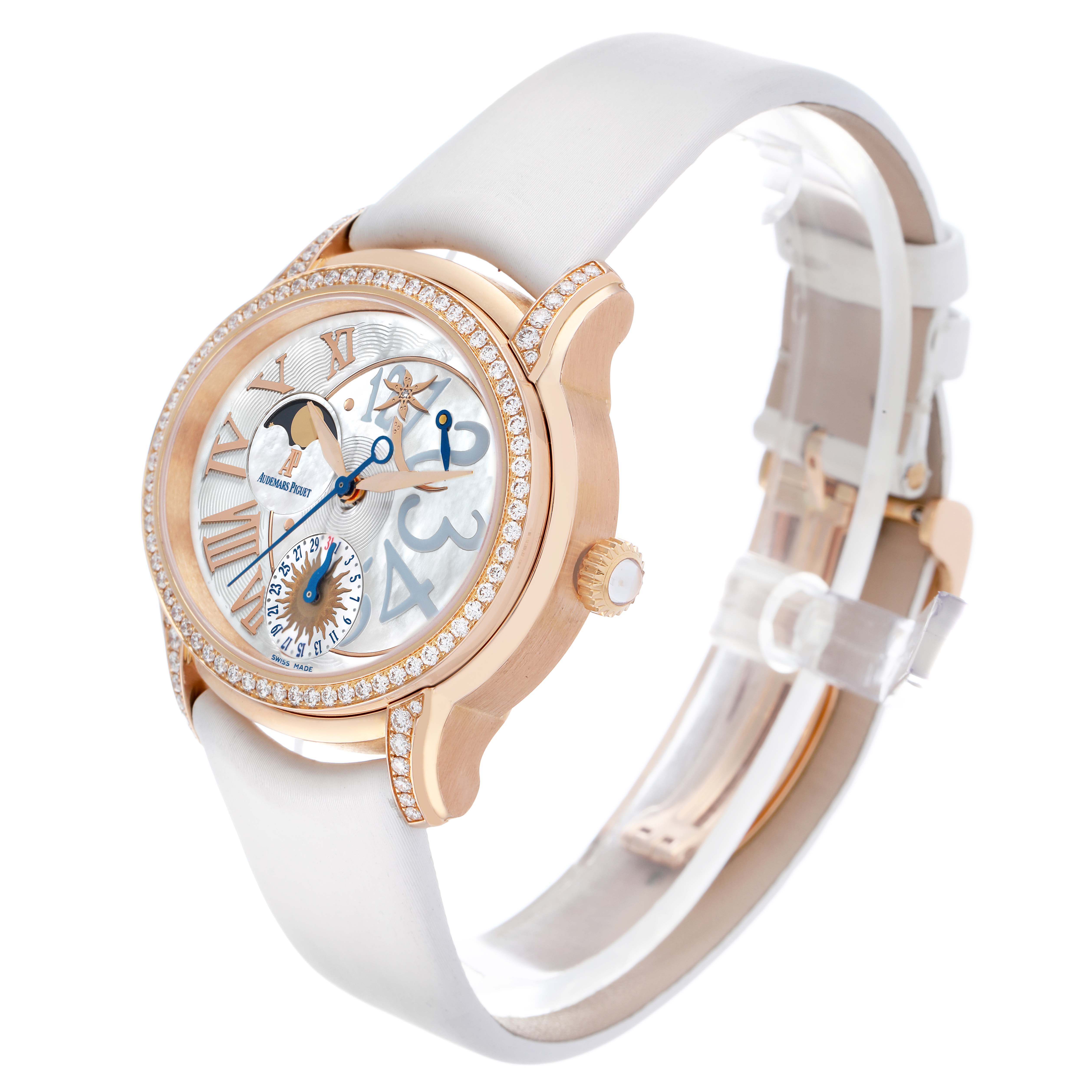 The image shows a side angle of the Audemars Piguet Millenary 77315OR Women's Rose Gold Mother of Pearl Dial watch, highlighting its diamond-studded bezel, case, dial, and strap.