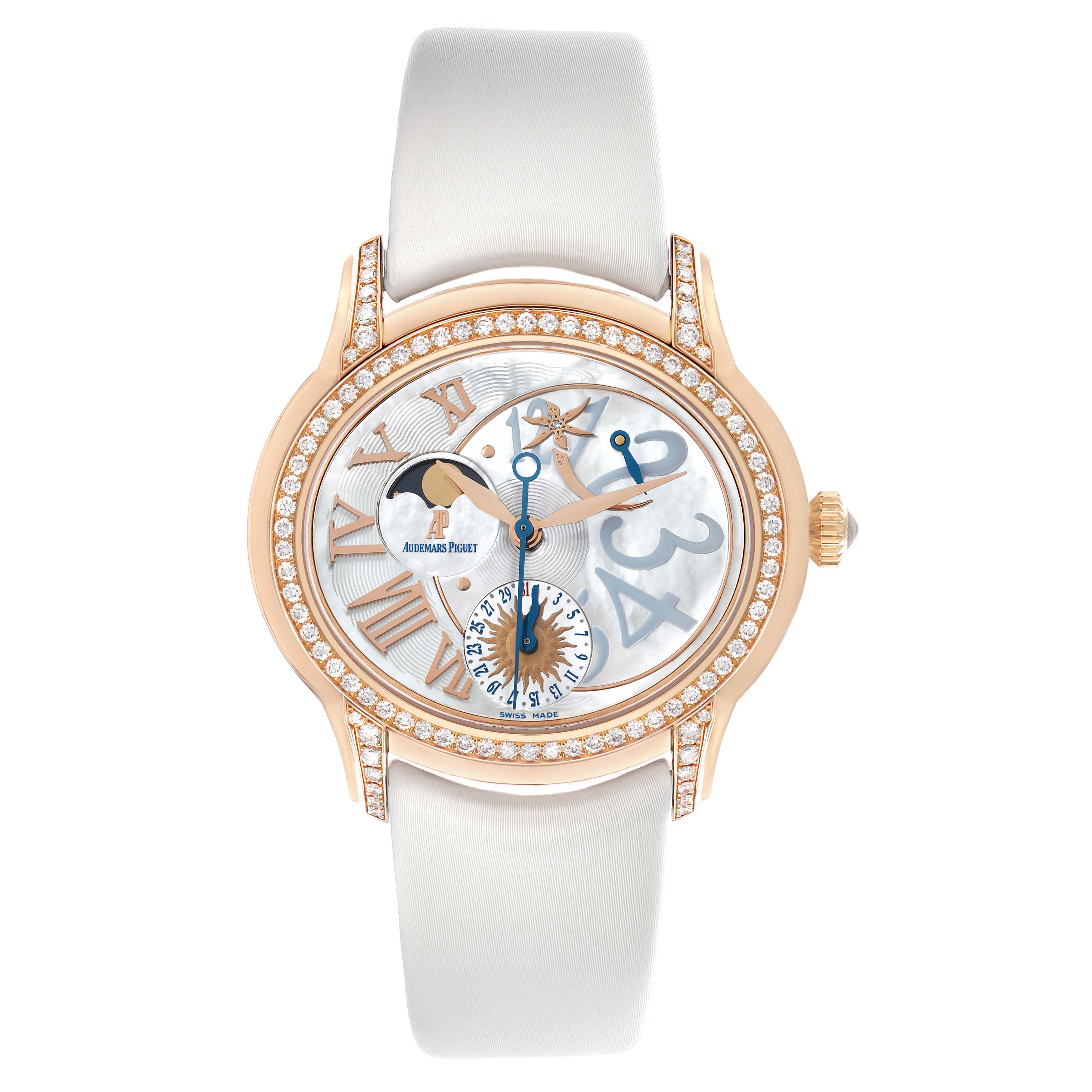 The Audemars Piguet Millenary 77315OR Women's Rose Gold Mother of Pearl Dial watch is shown from a top-down angle, displaying its face, bezel with diamonds, and white strap.