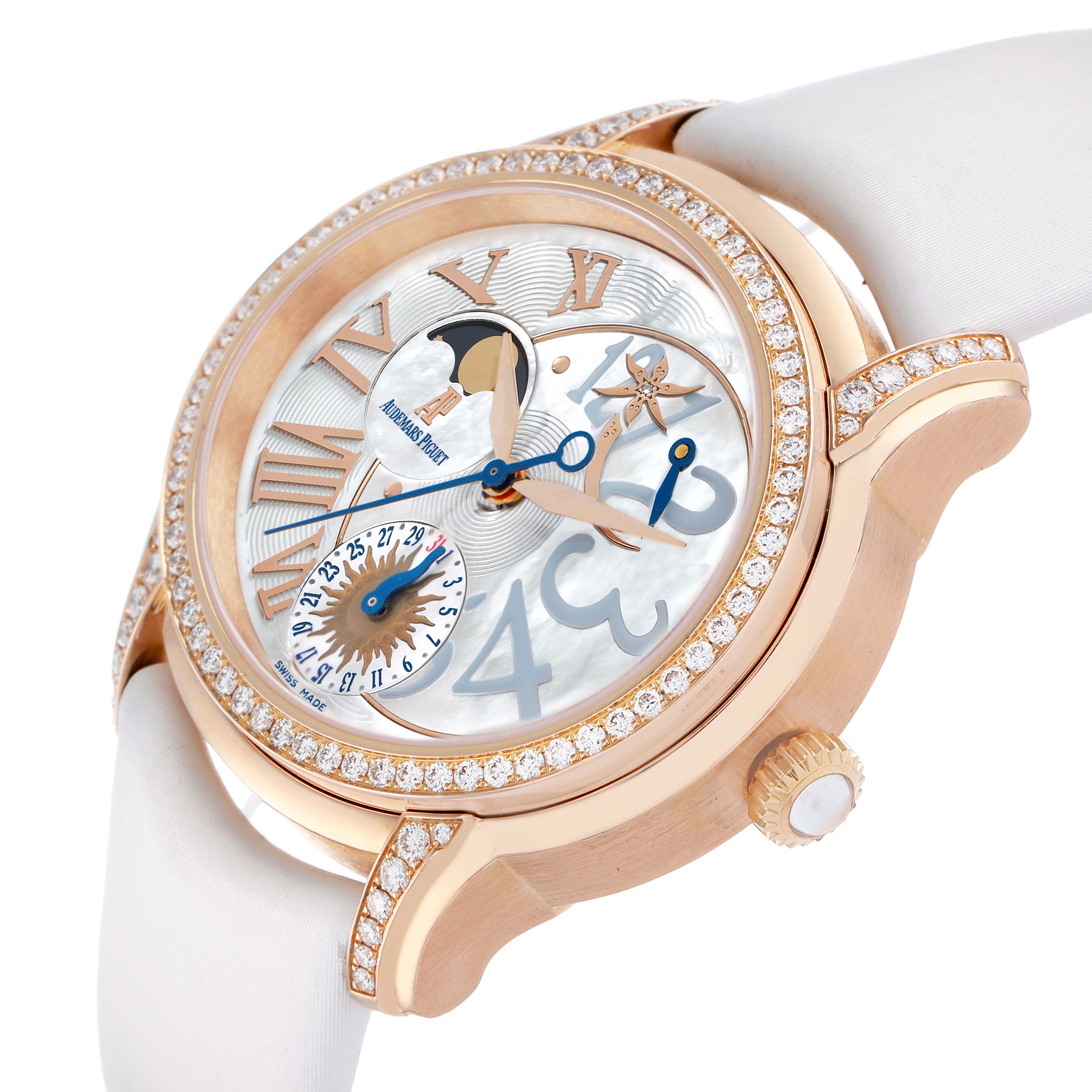 The Audemars Piguet Millenary 77315OR Women's Rose Gold Mother of Pearl Dial watch is shown at an angle highlighting its gold case, diamond bezel, and distinct dial features.