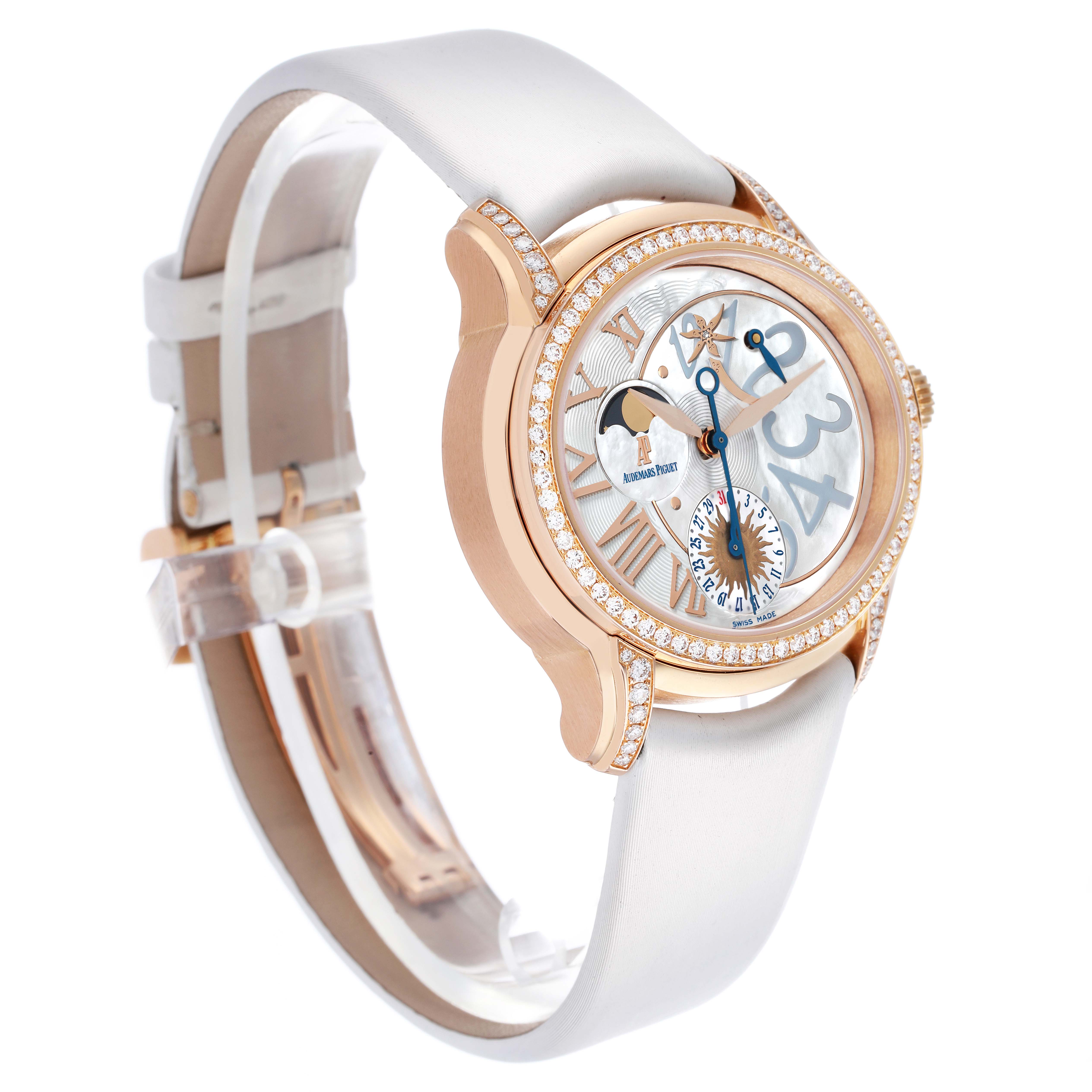 The Audemars Piguet Millenary 77315OR Women's Rose Gold Mother of Pearl Dial watch is shown from an oblique angle, highlighting the face, bezel, and strap.