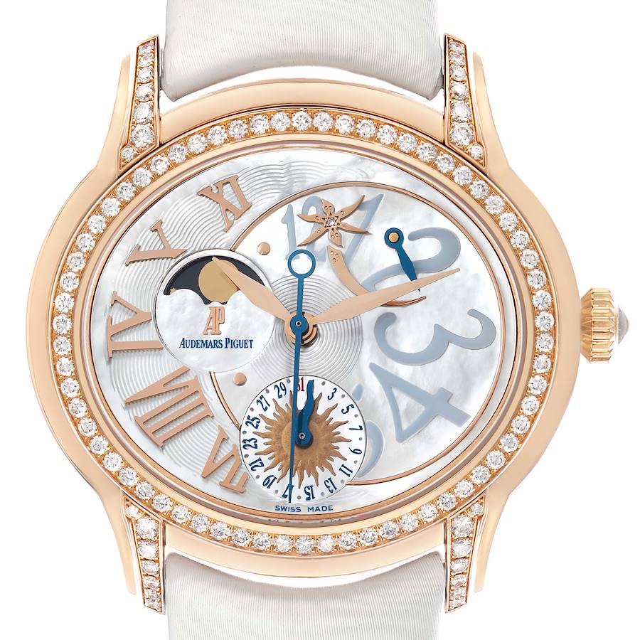 The Audemars Piguet Millenary 77315OR Women's Rose Gold Mother of Pearl Dial watch is shown from the front, displaying its dial, hands, bezel, and strap.