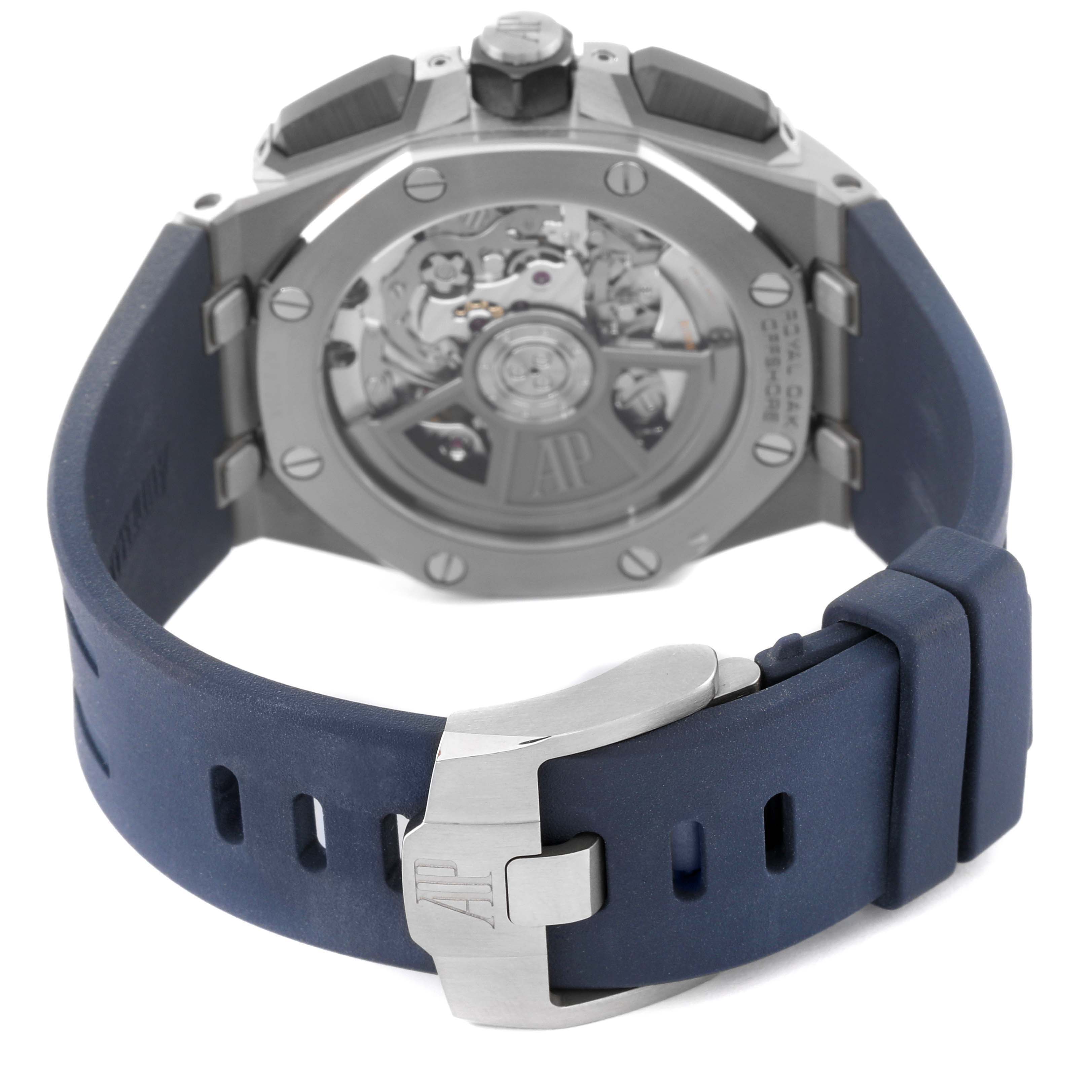 The image shows the back view of an Audemars Piguet Royal Oak Offshore 26420TI.OO.A027CA.01 Men's Titanium Blue Dial 26420TI.OO.A027CA.01 Men's Titanium Blue Dial watch, highlighting the strap and clasp.